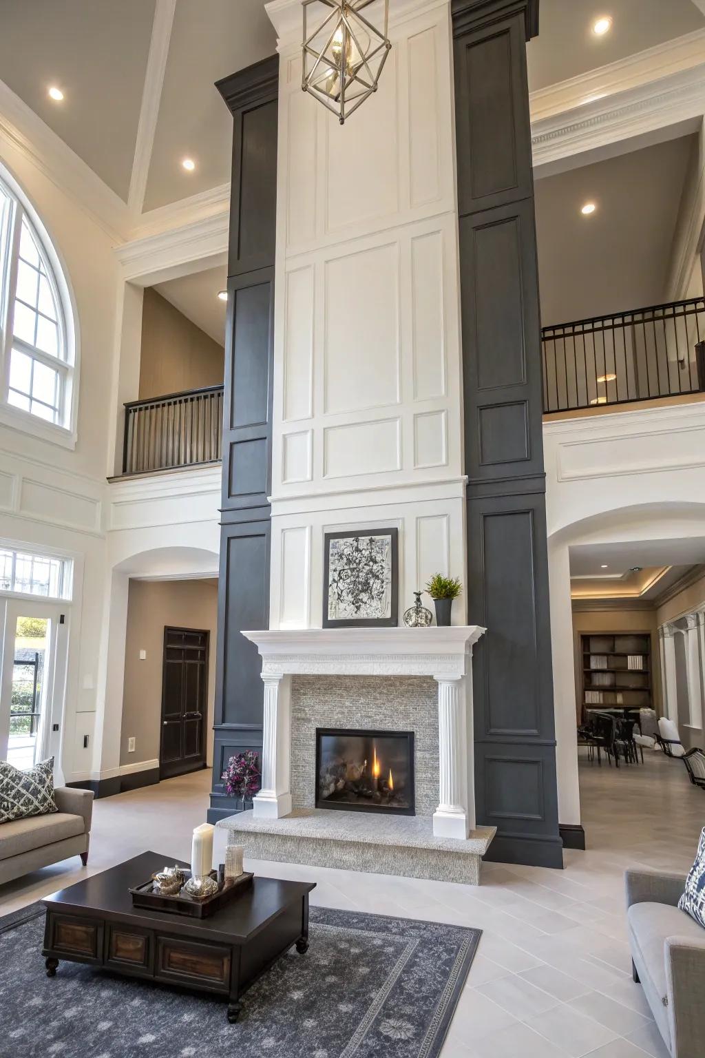 A two-tone fireplace design adding depth and character to a high-ceiling room.