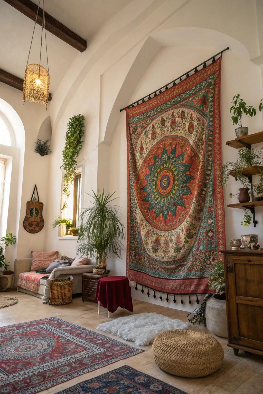 Tapestries add warmth and texture to high walls, perfect for cozy settings.