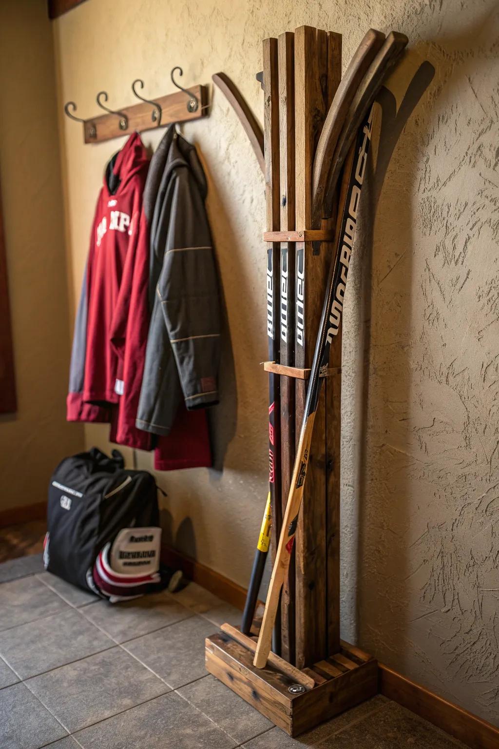 Transform your entryway with this unique hockey stick coat rack – where craftsmanship meets sportsmanship.
