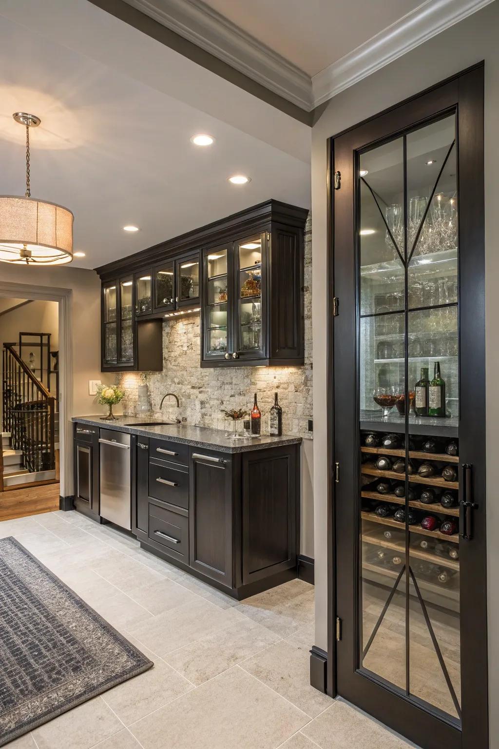 An adjoining wine storage room elevates your home bar experience.