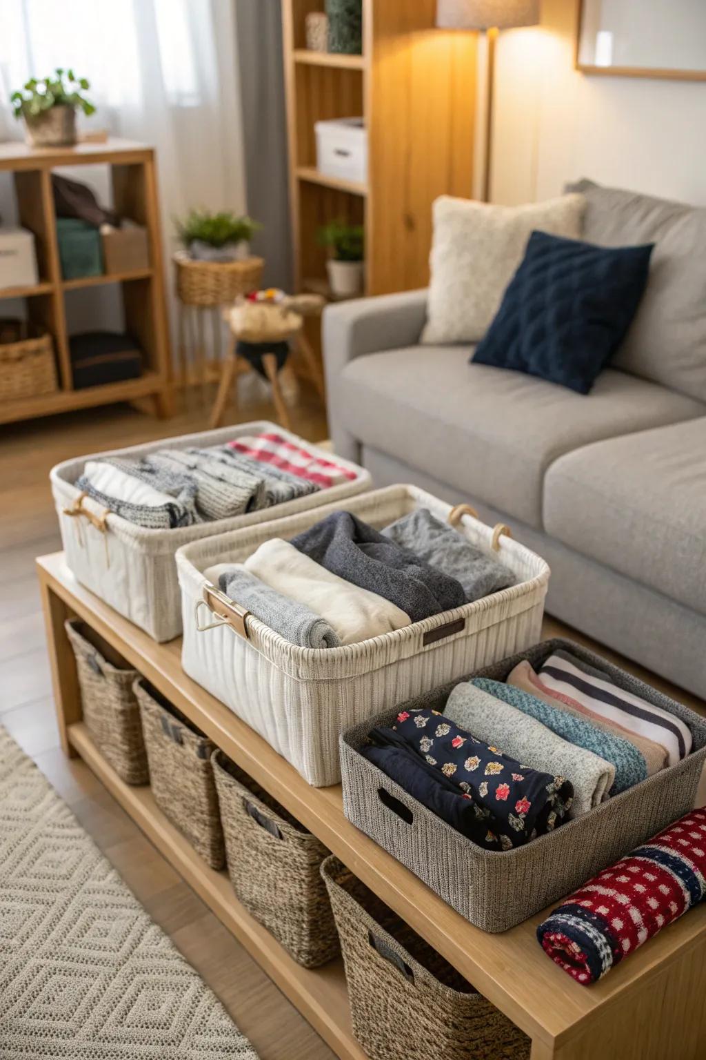 Storage baskets keep hoodies organized and add a touch of texture to your decor.