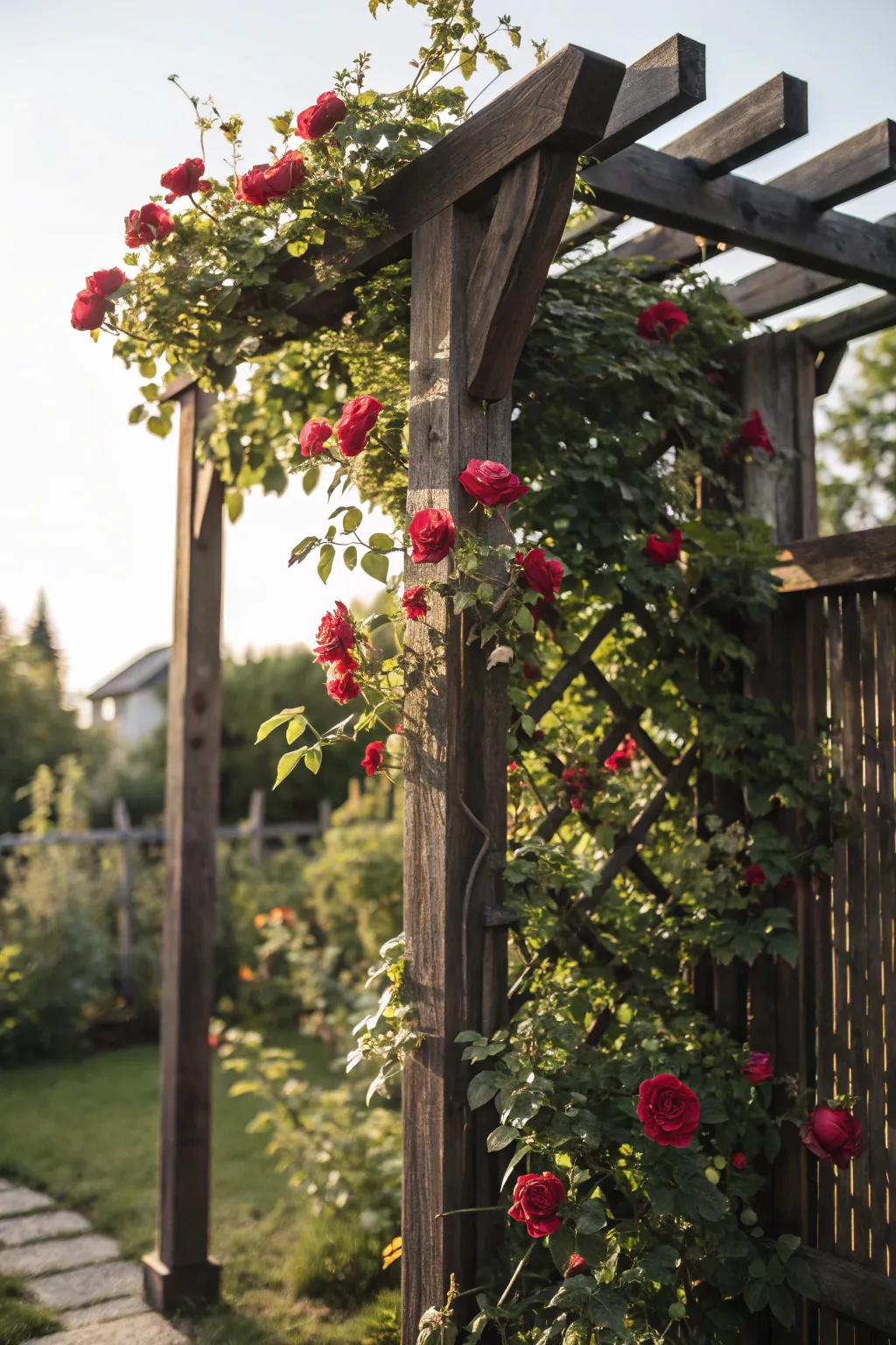 Craftsmanship meets nature: A living fence backstop with blooming climbing roses.
