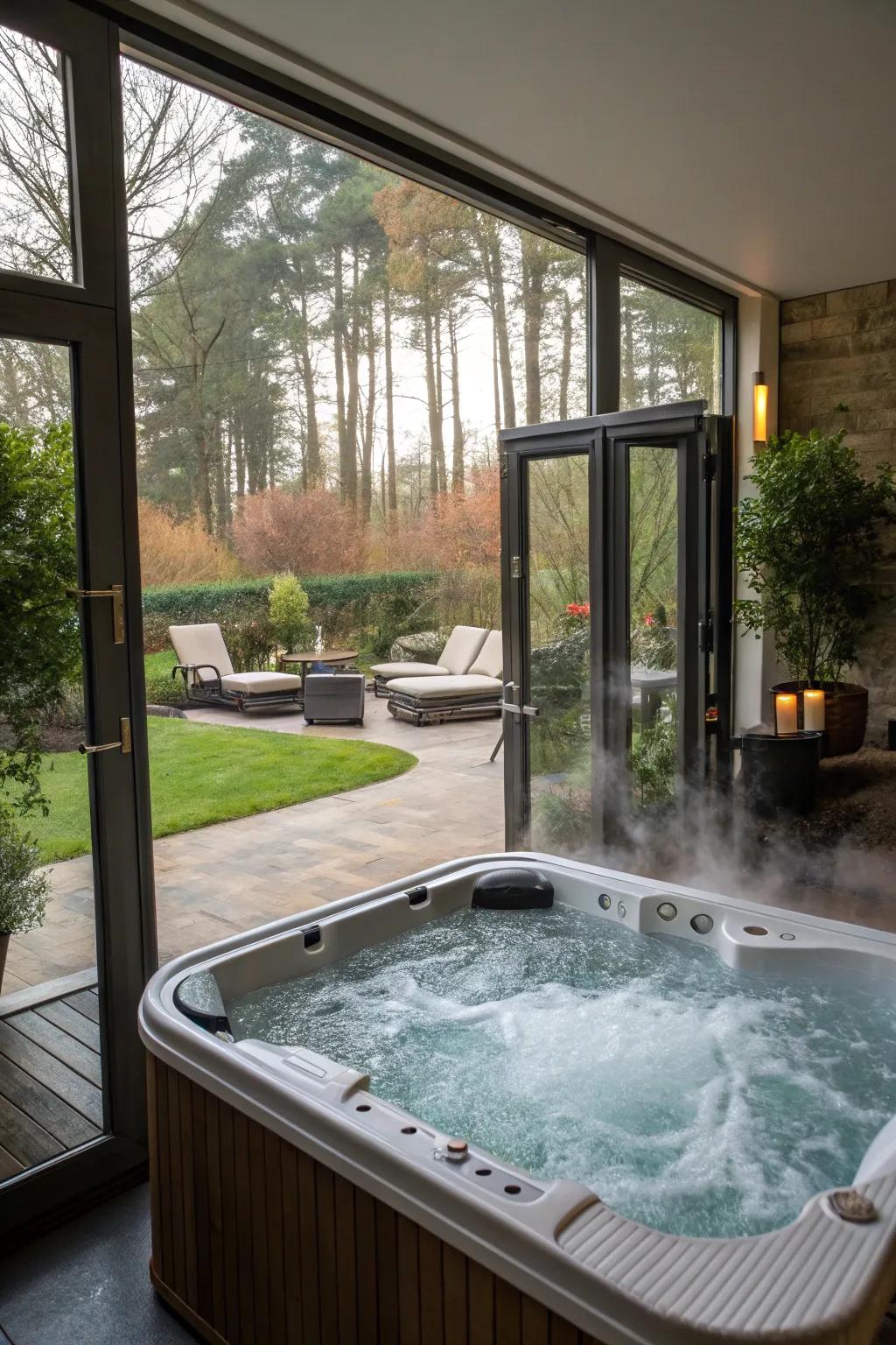 An indoor-outdoor hot tub offers year-round enjoyment and stunning views.