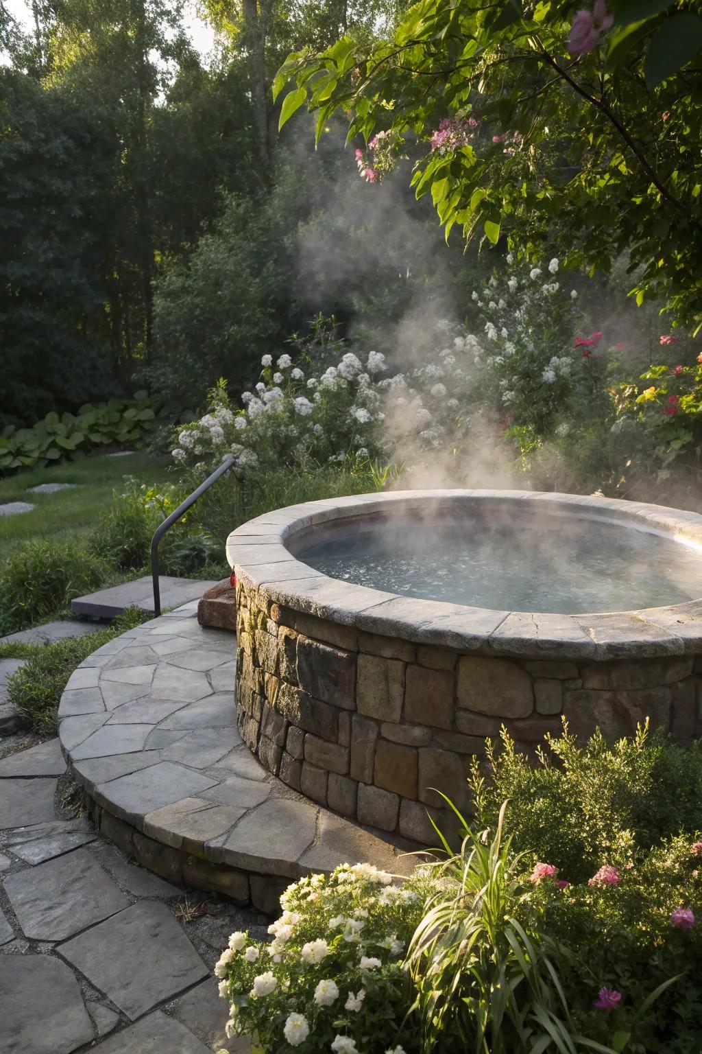 Natural stone surrounds add elegance to a hot tub area.