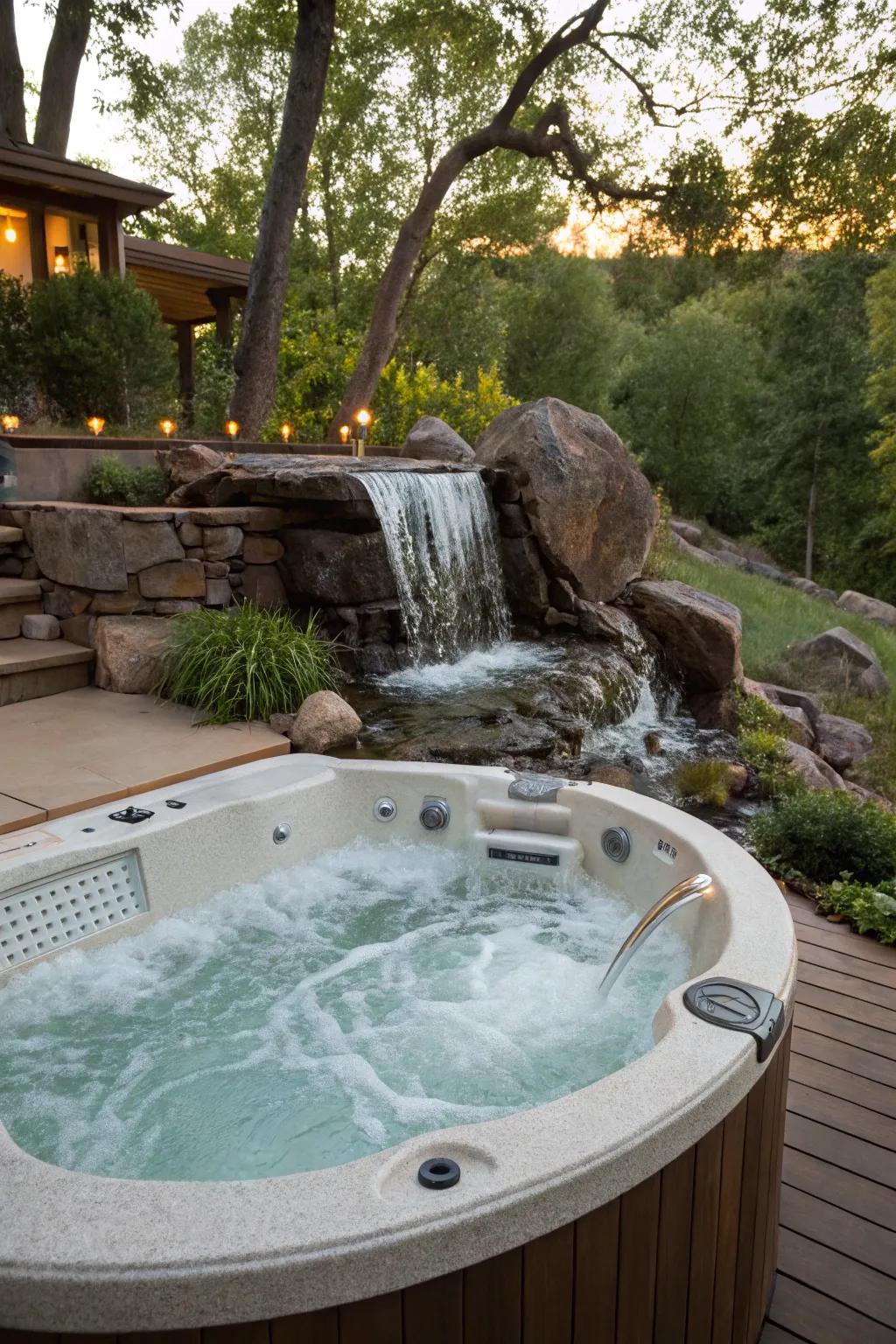 A waterfall feature adds soothing sounds and elevates the spa-like atmosphere.