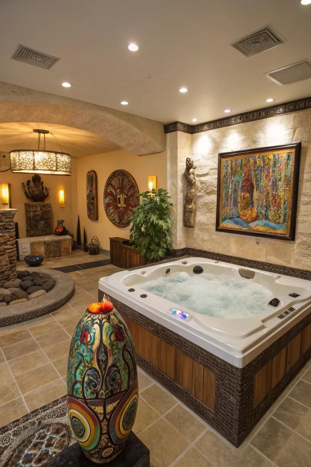 A creatively designed hot tub room featuring bespoke art.