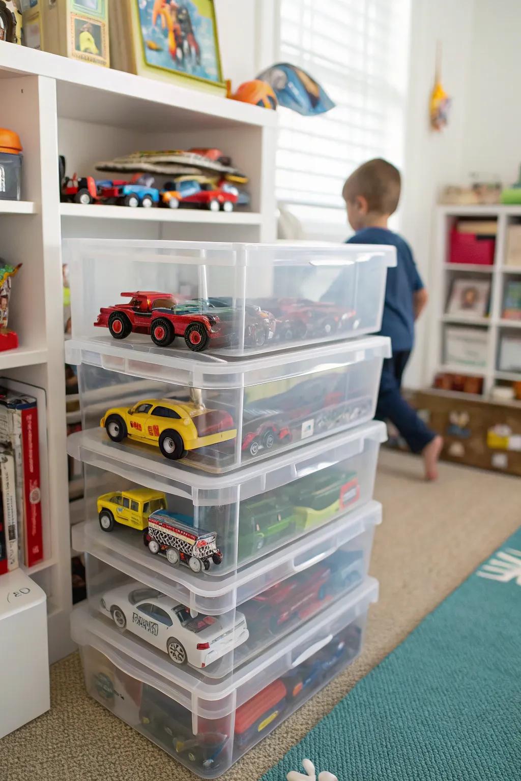 Clear plastic boxes provide visible and organized Hot Wheels storage.