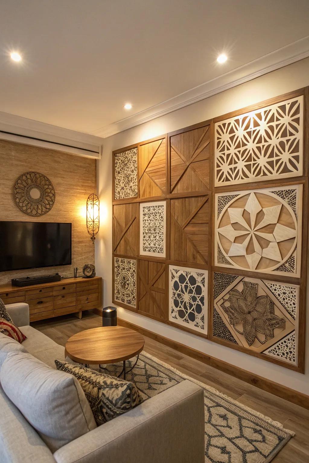 Elevate your walls with bold geometric designs on wooden panels.