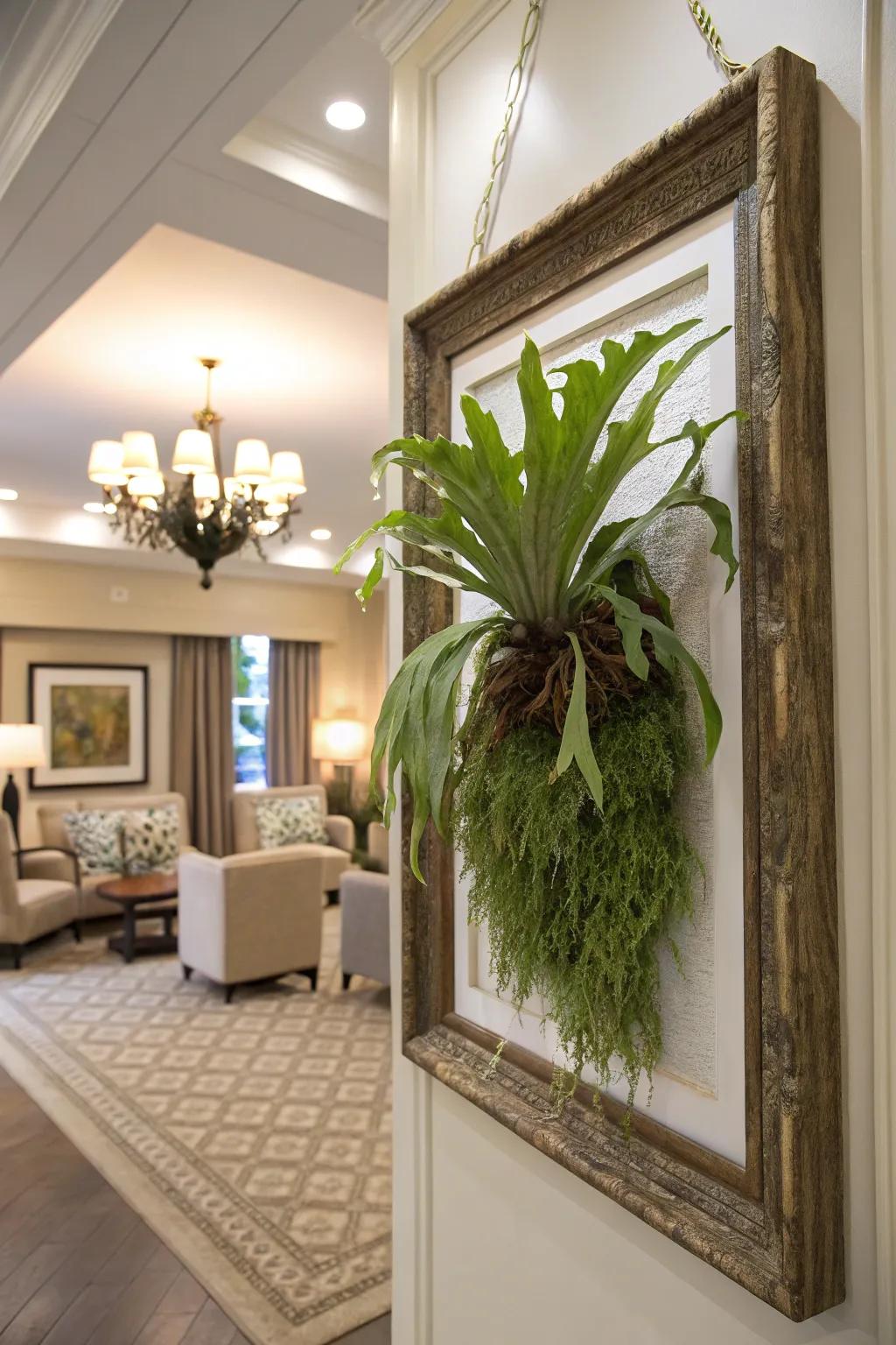 A staghorn fern hung at an optimal height for admiration.