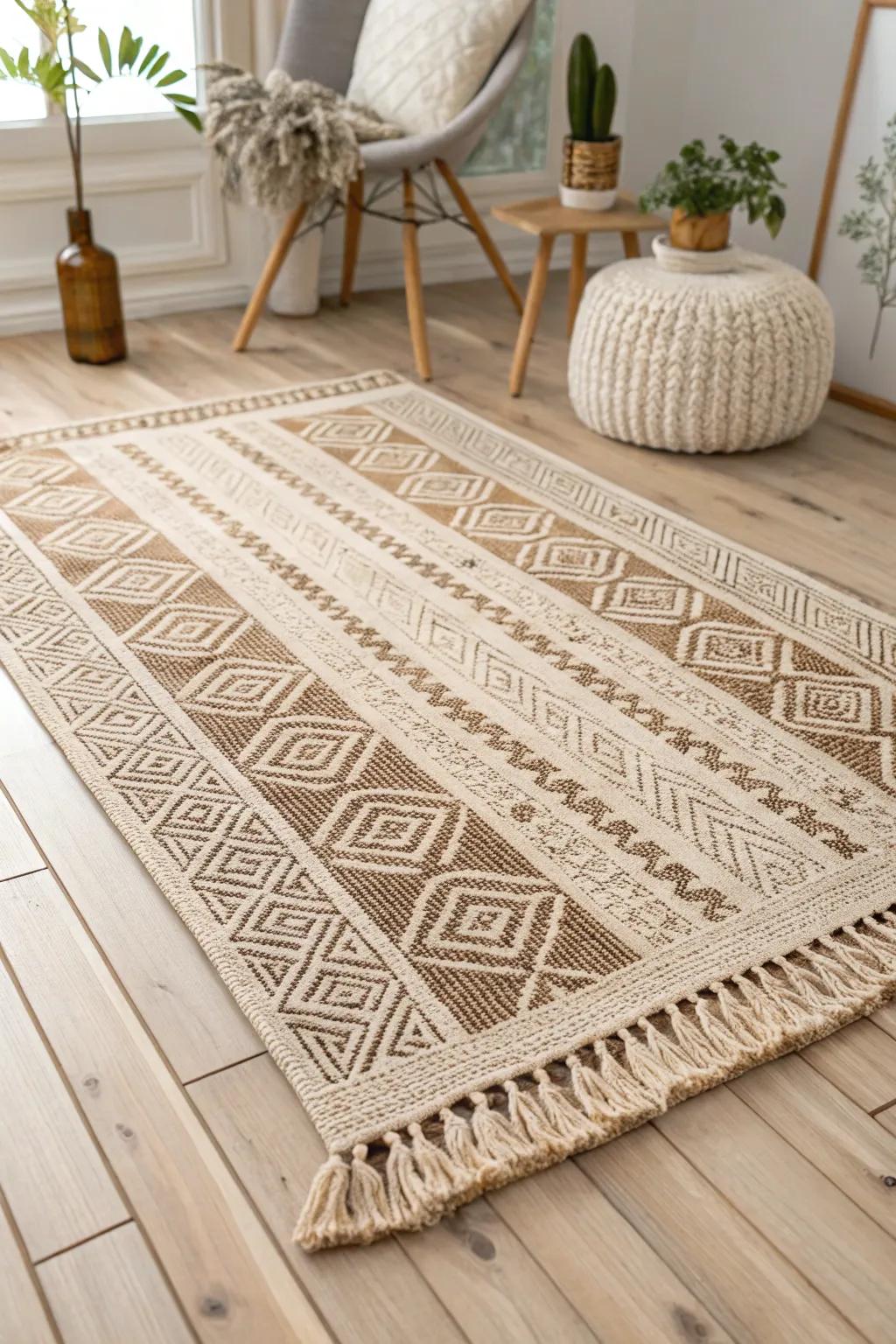 Effortlessly hide cords with style using a beautifully crafted rug. Embrace simplicity and elegance in your space.
