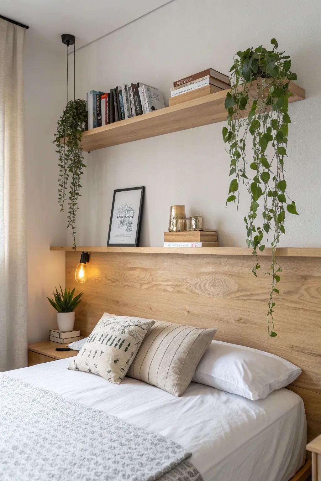 Elevate your bedroom decor with a floating shelf headboard that combines simplicity and style.
