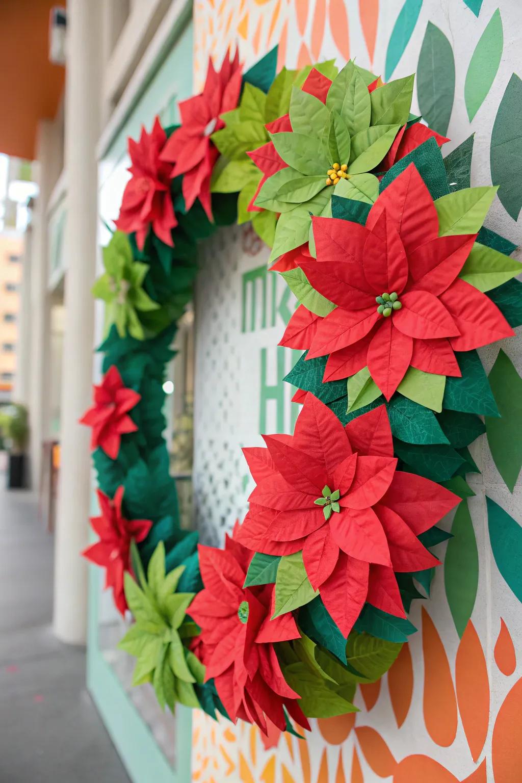 A unique crepe paper poinsettia wreath with vibrant colors.