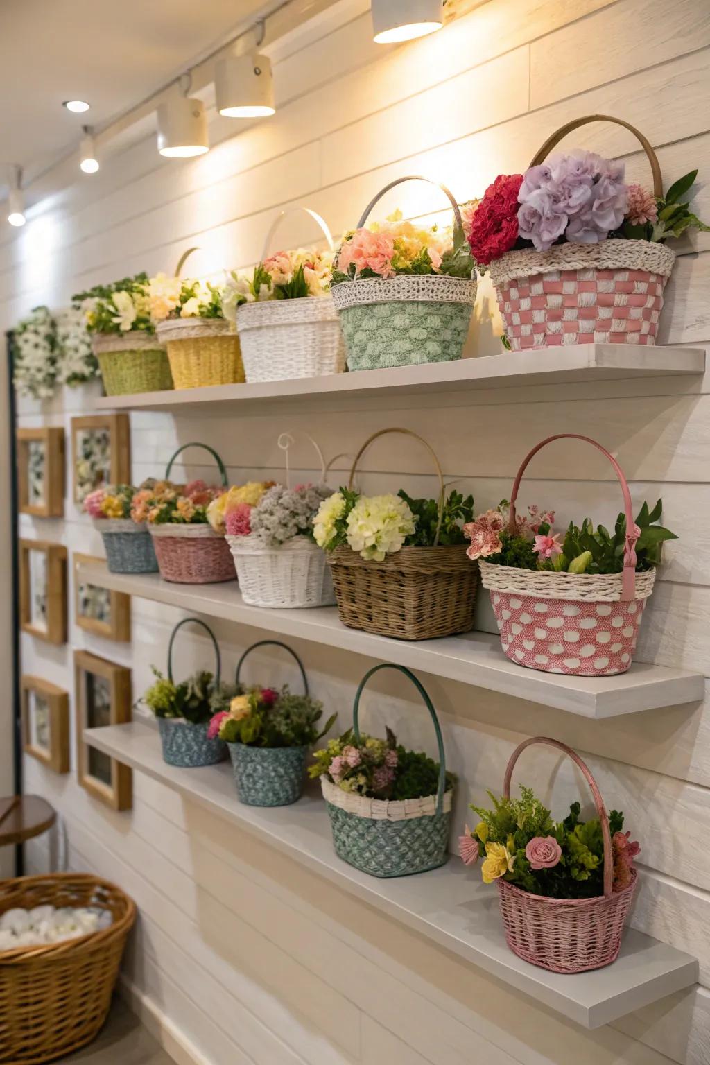 High shelves keep faux flowers stored neatly and out of the way.