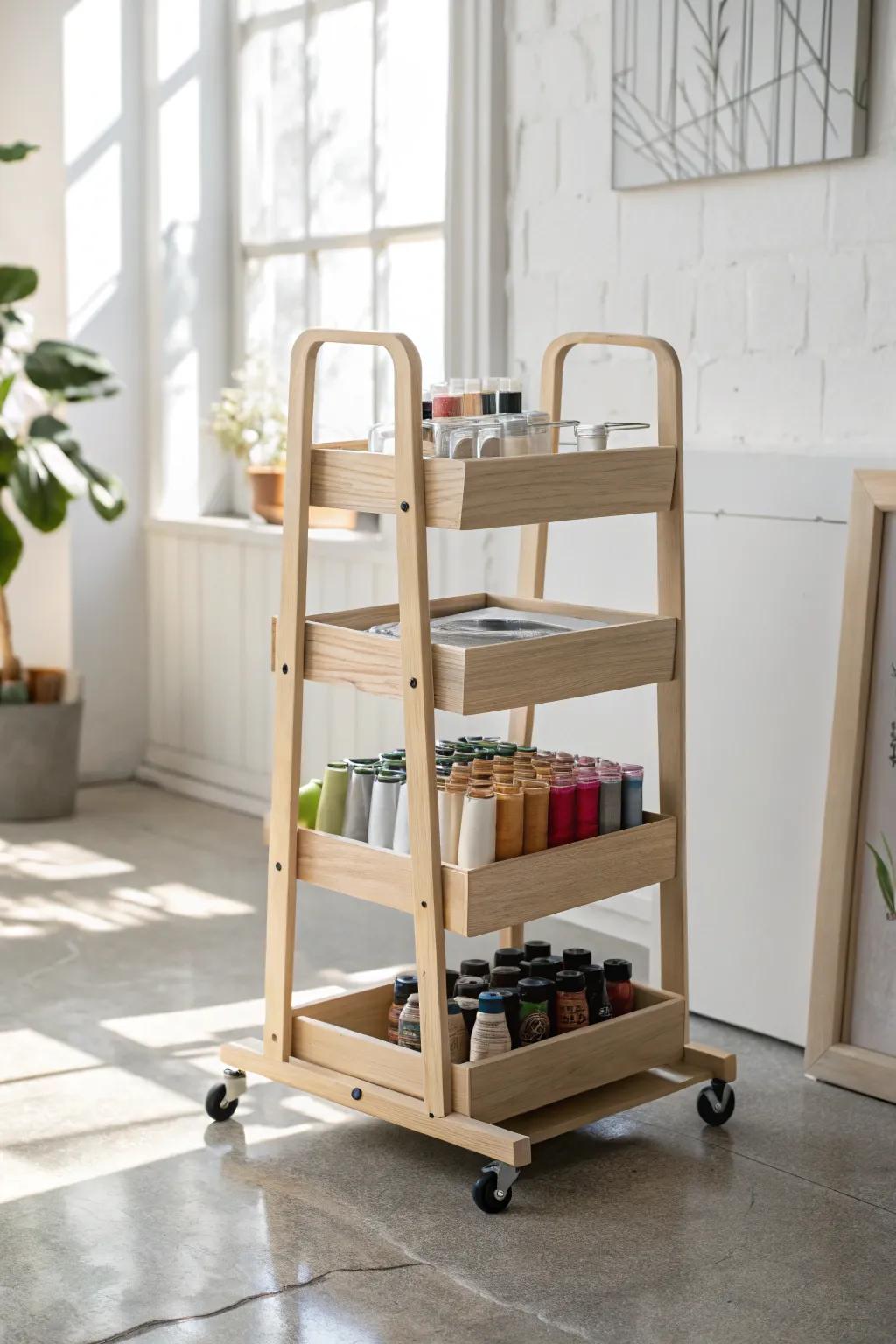 Organize your creative space with Scandinavian elegance: the perfect trolley cart for your paint collection.