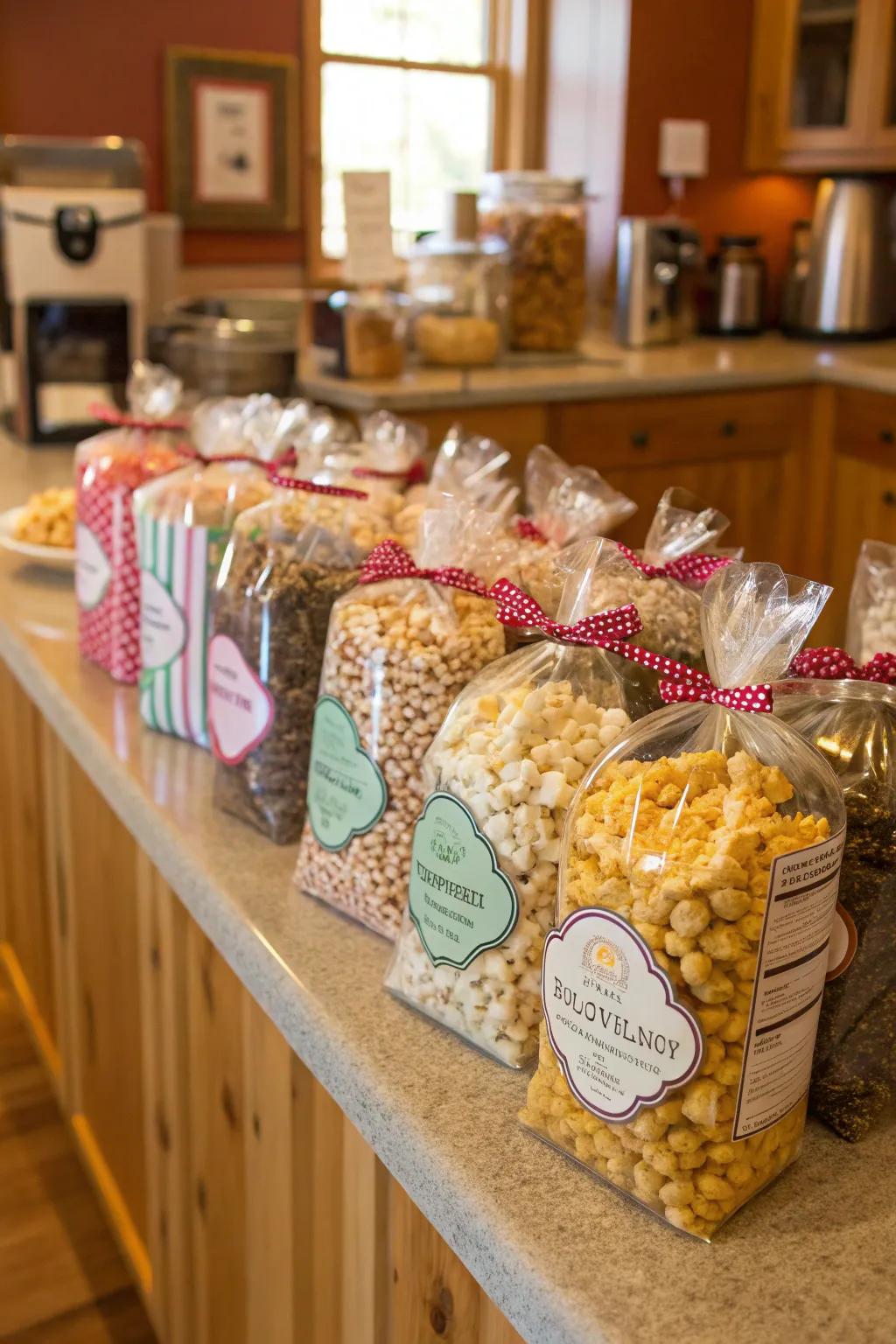 Gourmet popcorn bags delight taste buds.