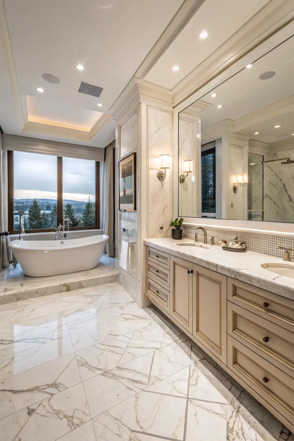 Elegant marble accents bring sophistication to this master bathroom.