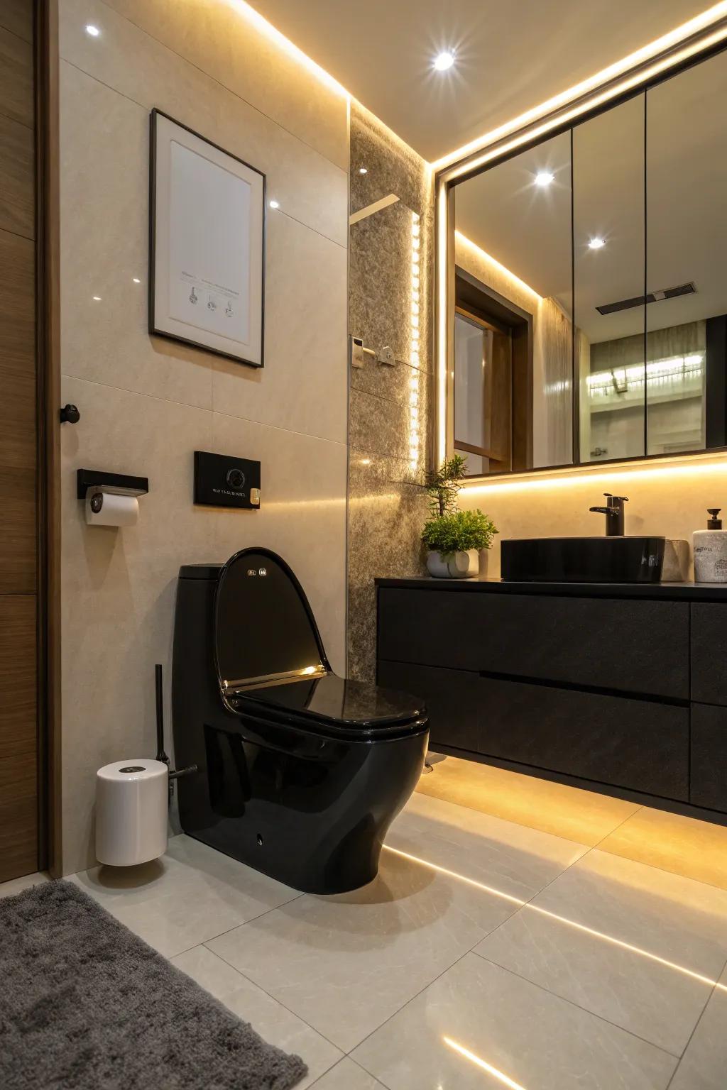 Strategic lighting enhances the sleek design of a black toilet.