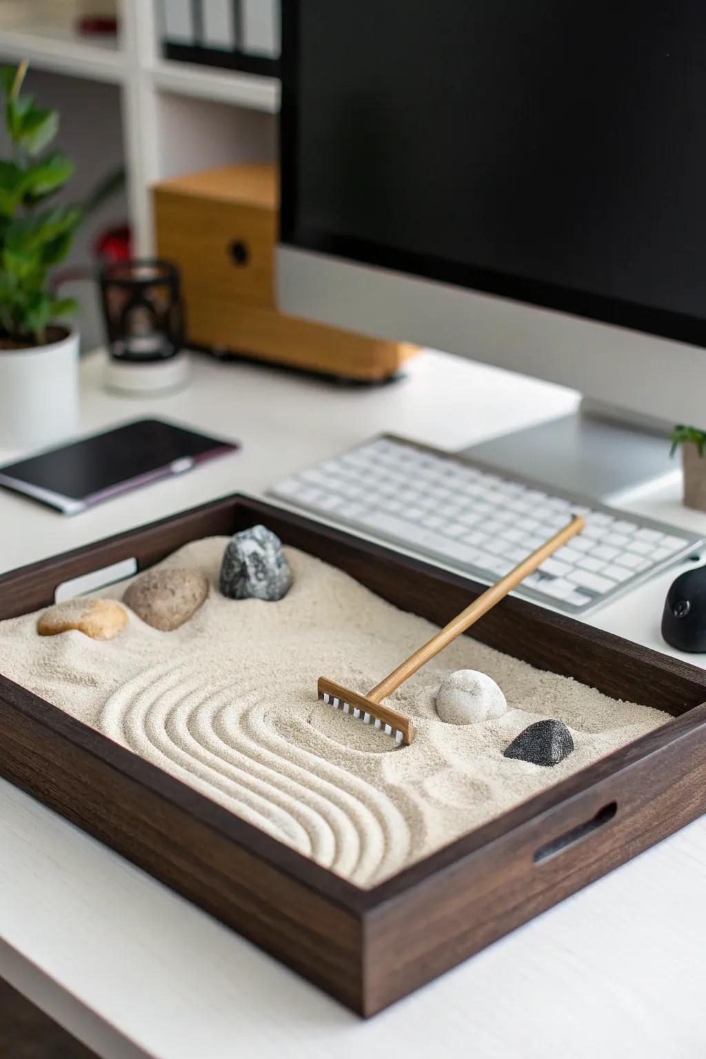 A mini sand garden offers a zen-like calm to any desk space.