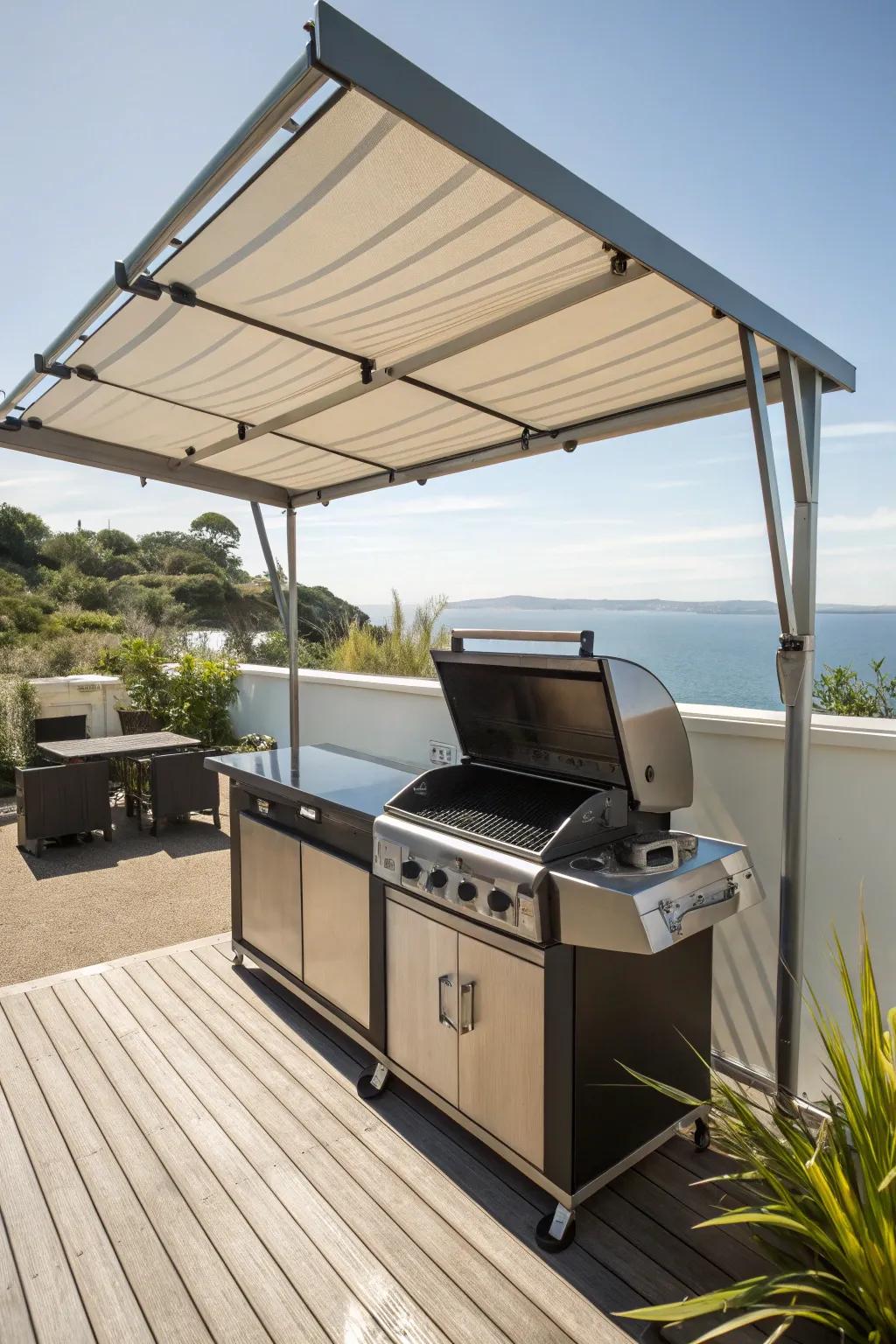 A convertible sunshade offers flexibility and comfort for outdoor grilling.