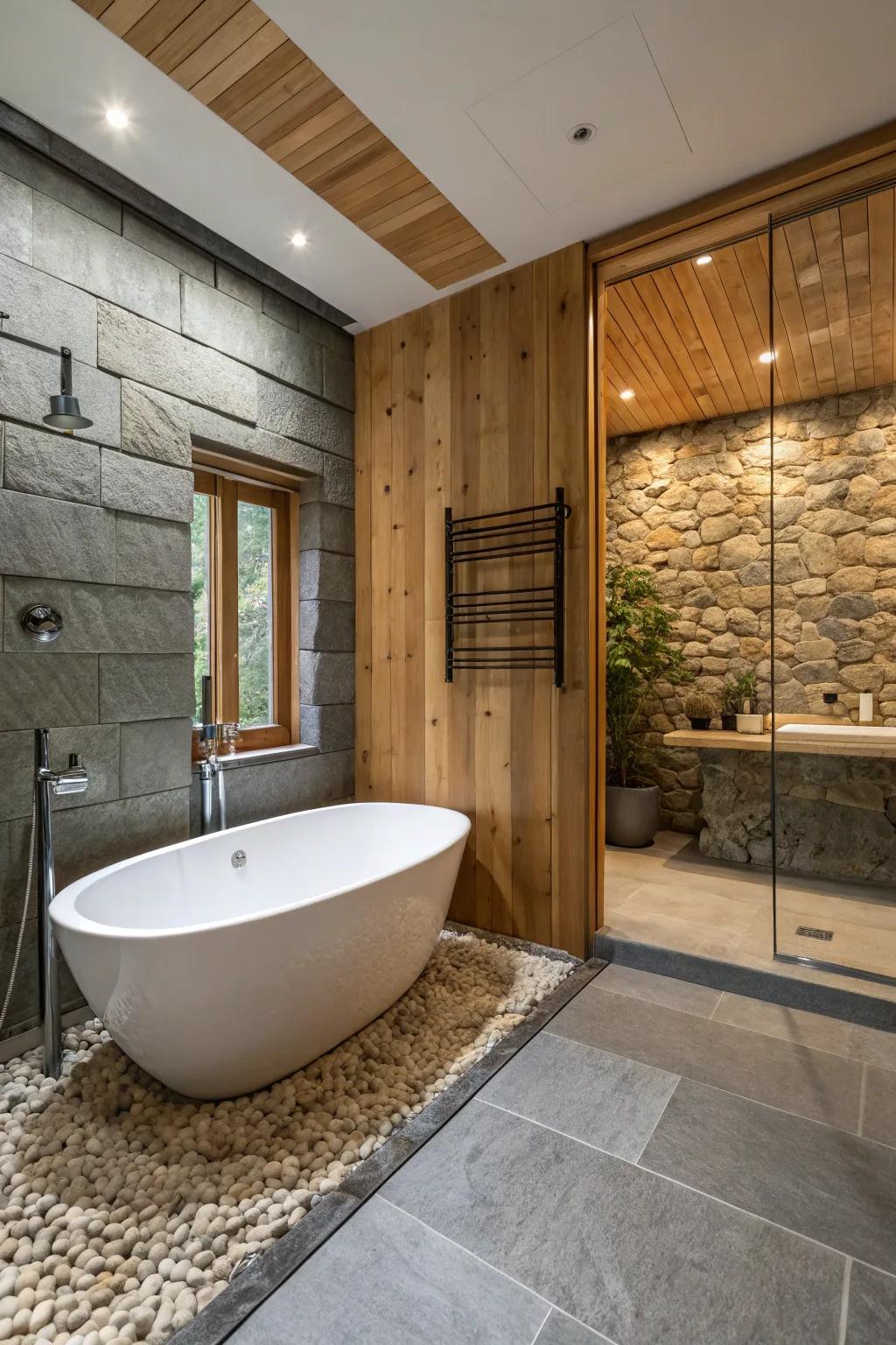 A wet room oasis featuring a harmonious blend of a tub and natural elements.