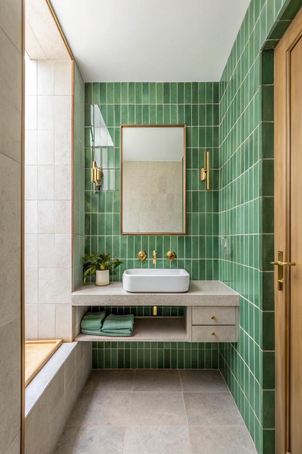 Minimalist green tiles and gold fixtures offer understated elegance.