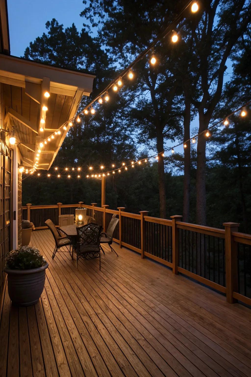 A high deck beautifully lit for enchanting nighttime enjoyment.