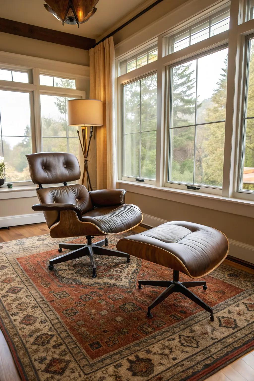 A textured rug grounds the seating area, adding comfort and style.