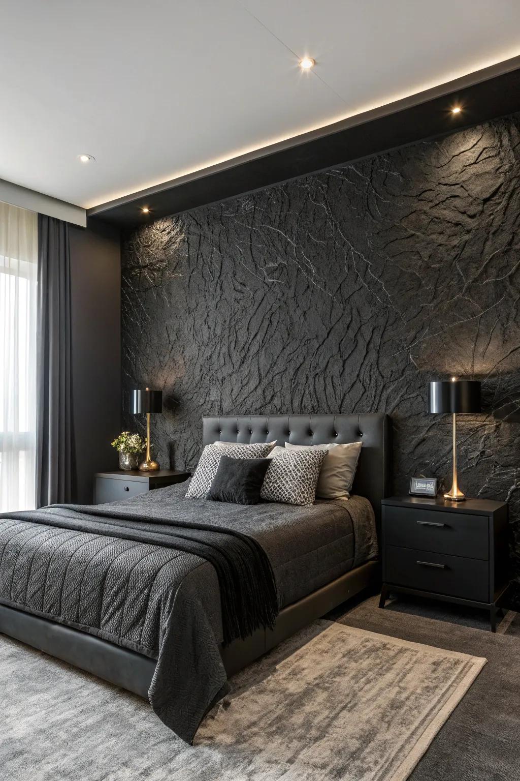 A bold accent wall creates a dramatic focal point in this black bedroom.