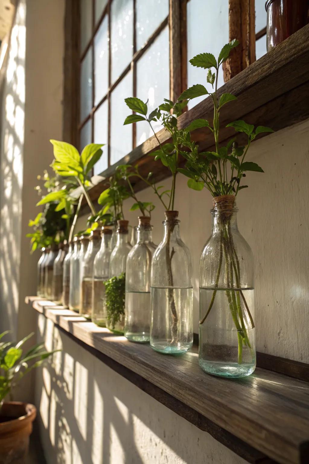 Vintage glass bottles add an eclectic touch to the propagation wall.