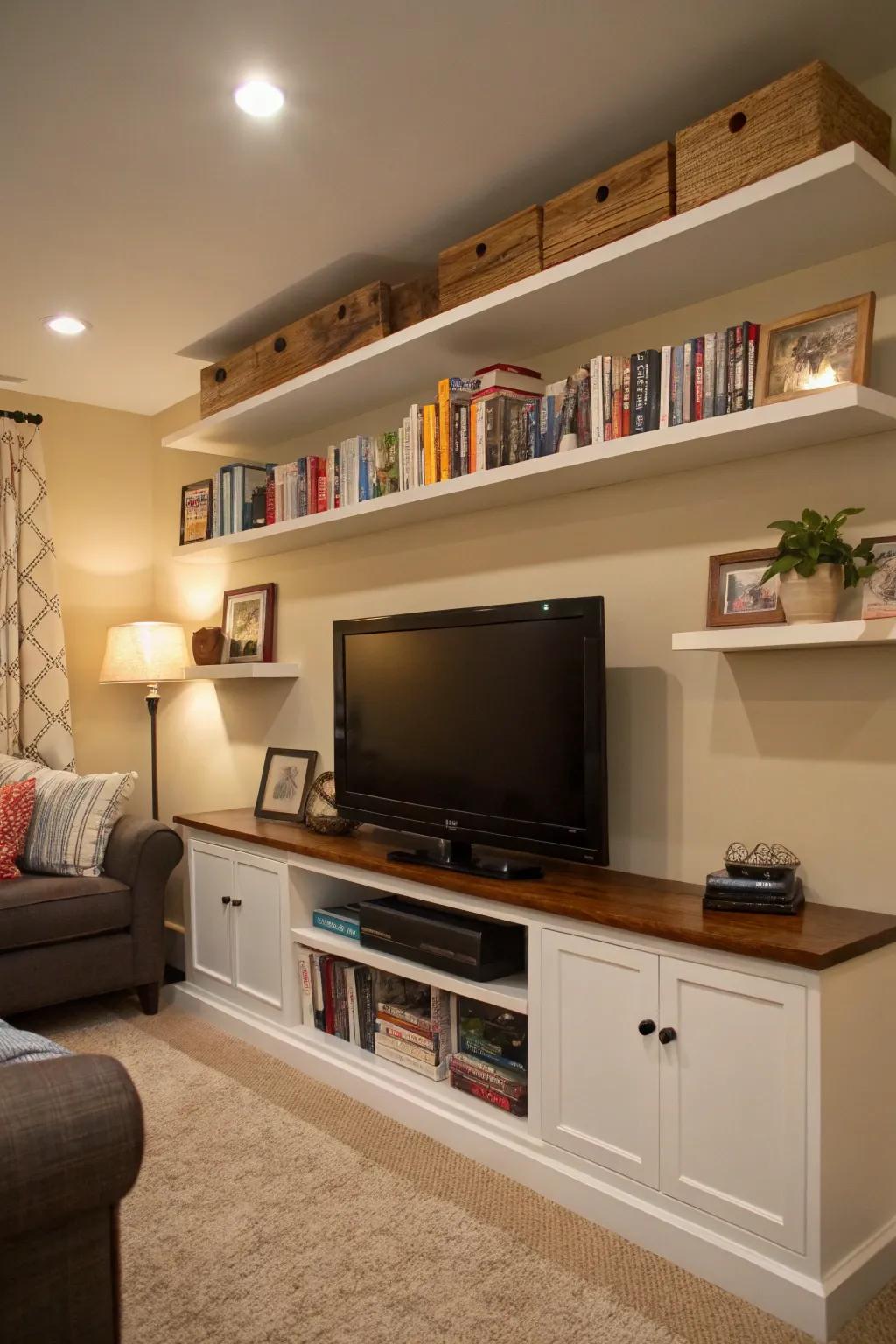 Floating shelves add stylish storage options around the TV.