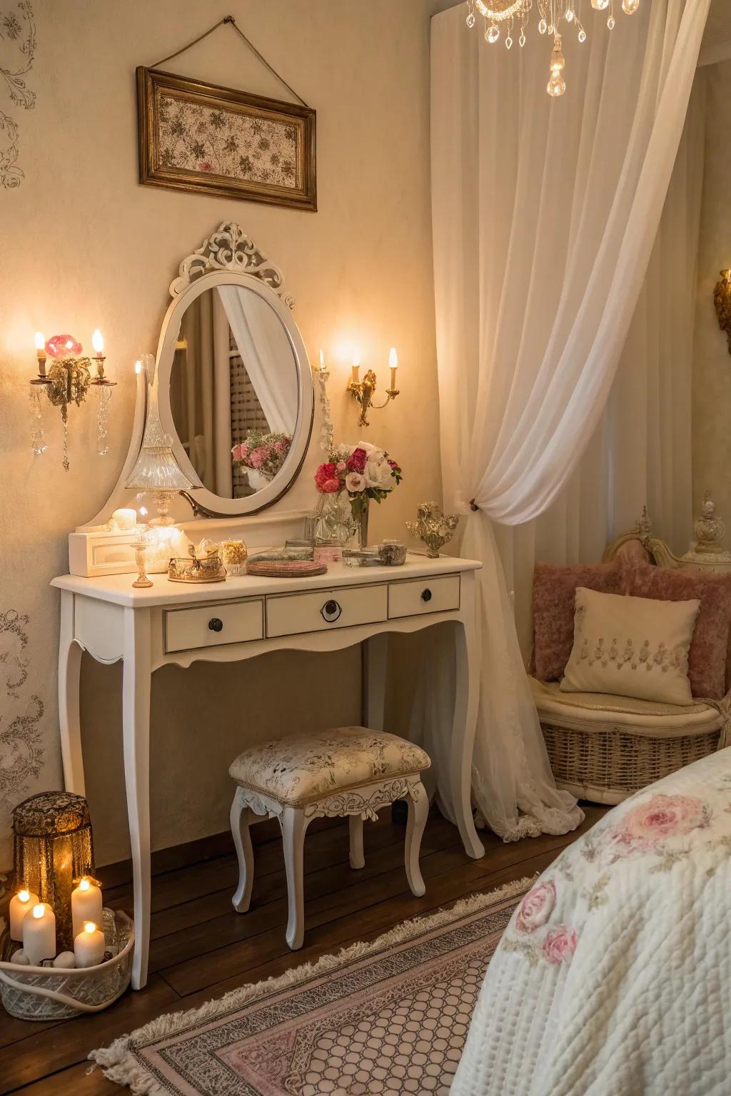 A vintage table beautifully repurposed as a vanity.