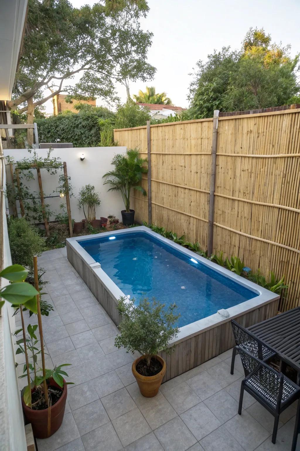 Privacy screens create a secluded pool hideaway.