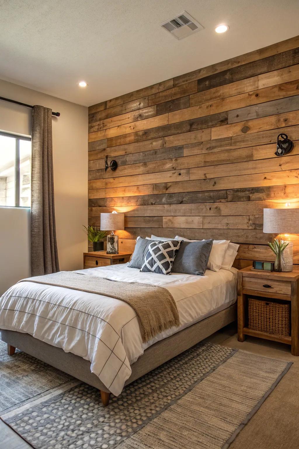 Reclaimed wood panels add an eco-friendly touch with rich texture.