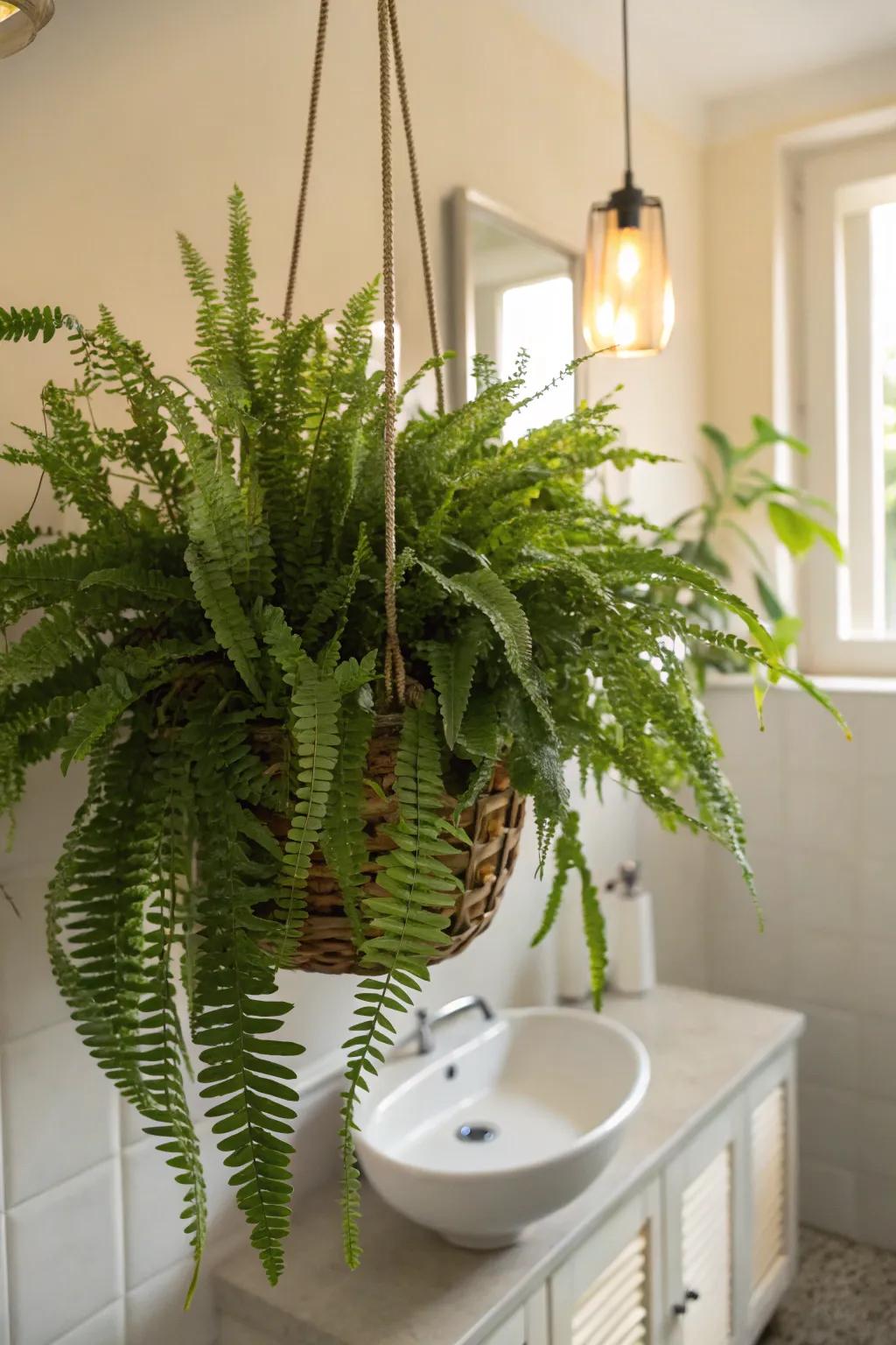 Boston Ferns flourish in the humid environment of a bathroom.