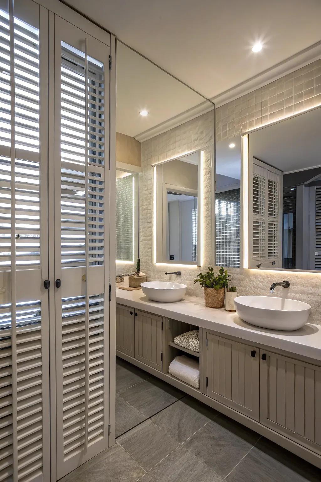 Shutters with integrated mirrors offer a stylish and functional solution for small bathrooms.