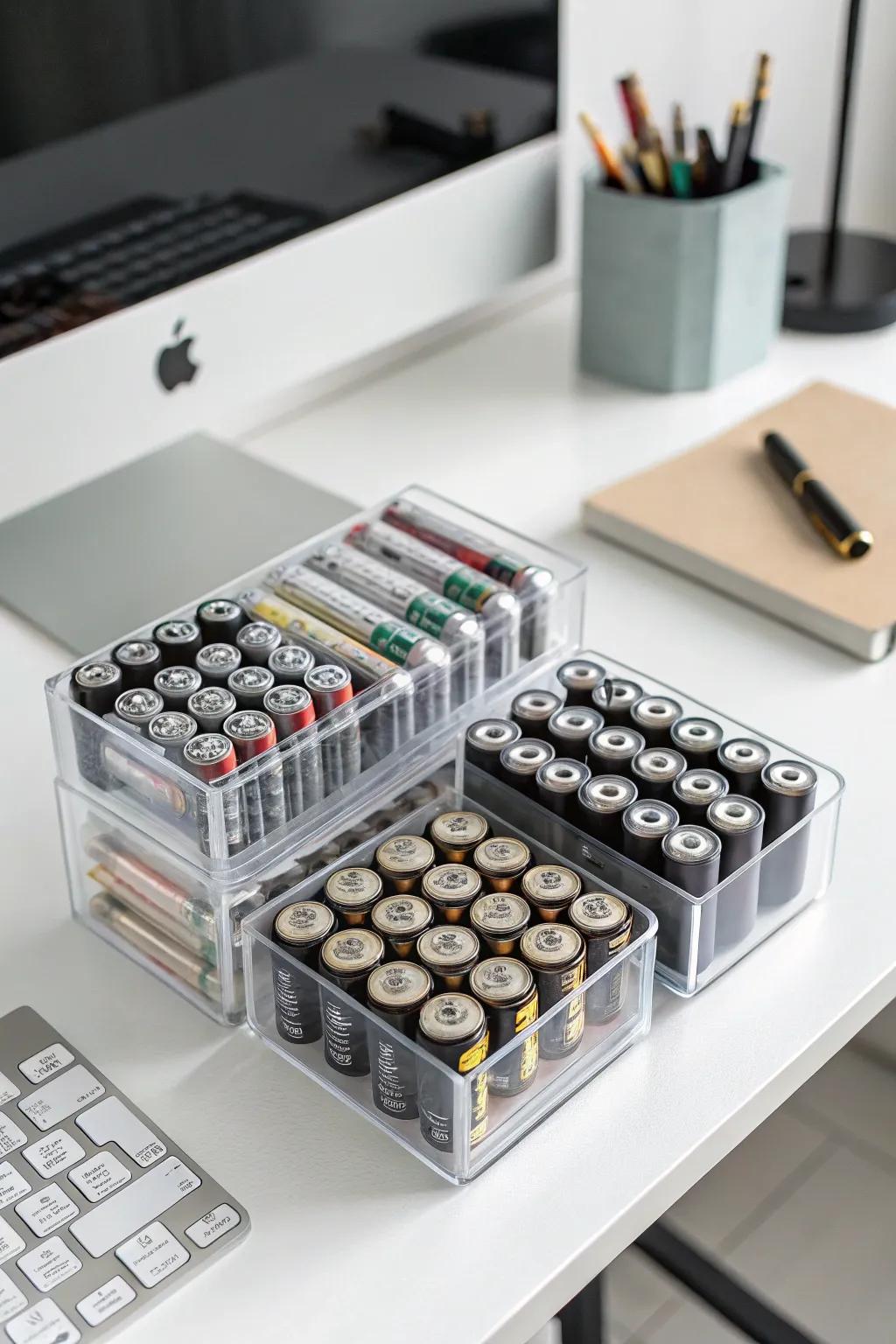 Acrylic containers provide a modern and organized solution for battery storage.