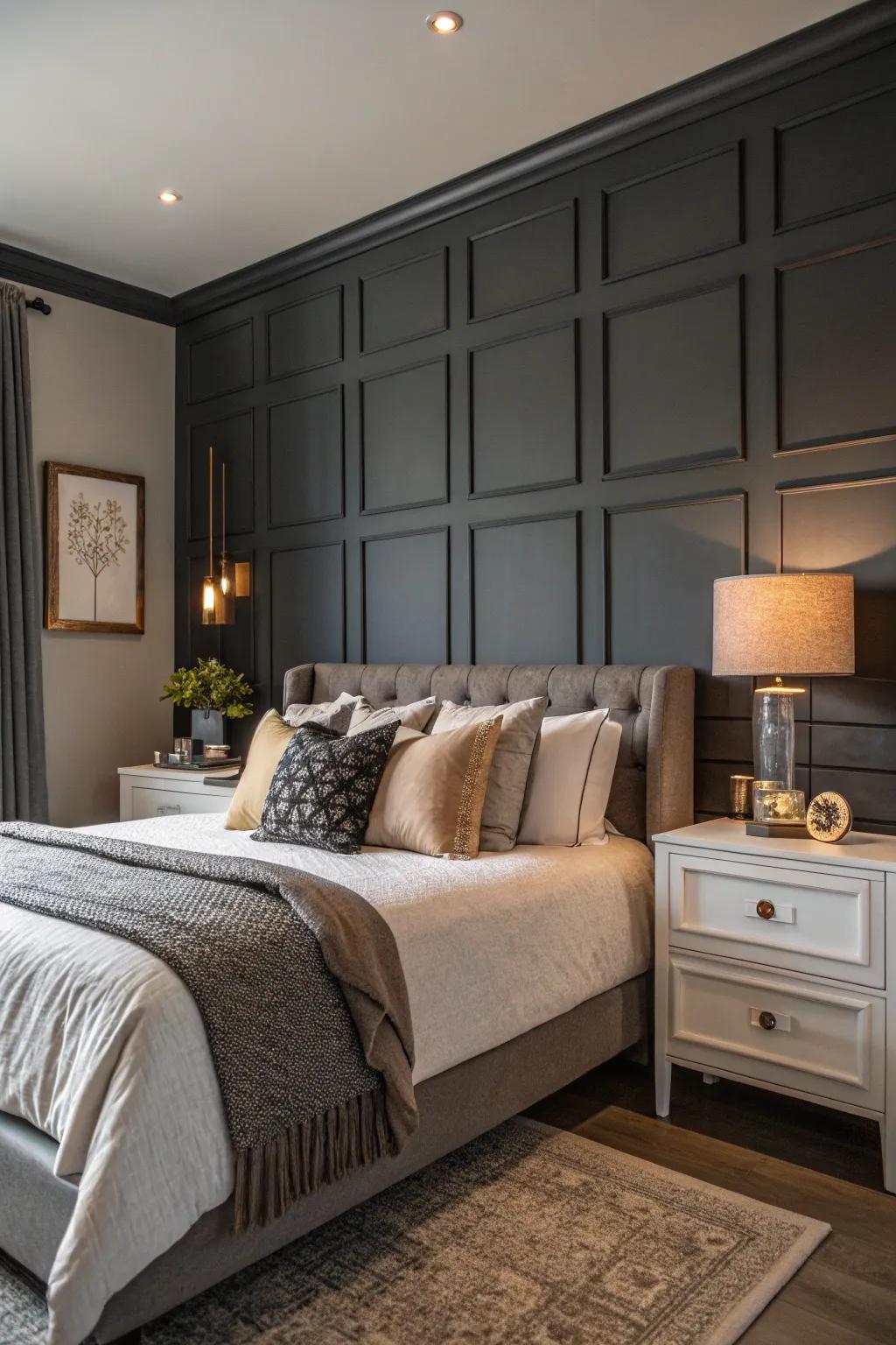 A dark gray accent wall creates a striking focal point.