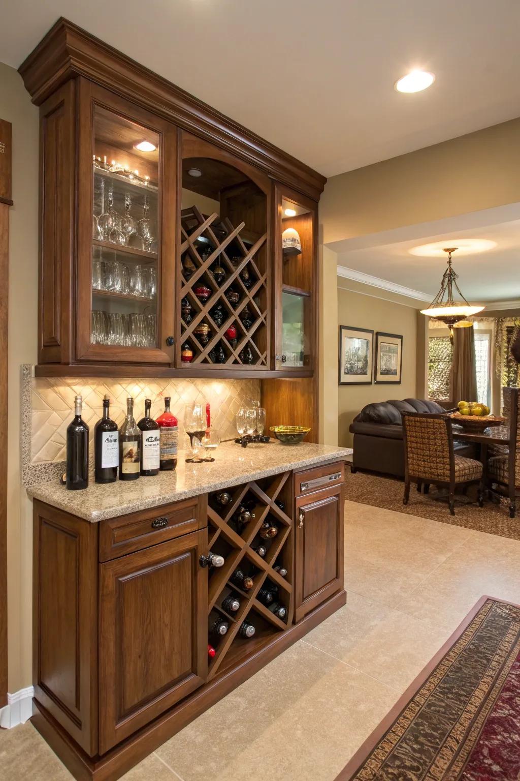 A wine rack provides storage and style.