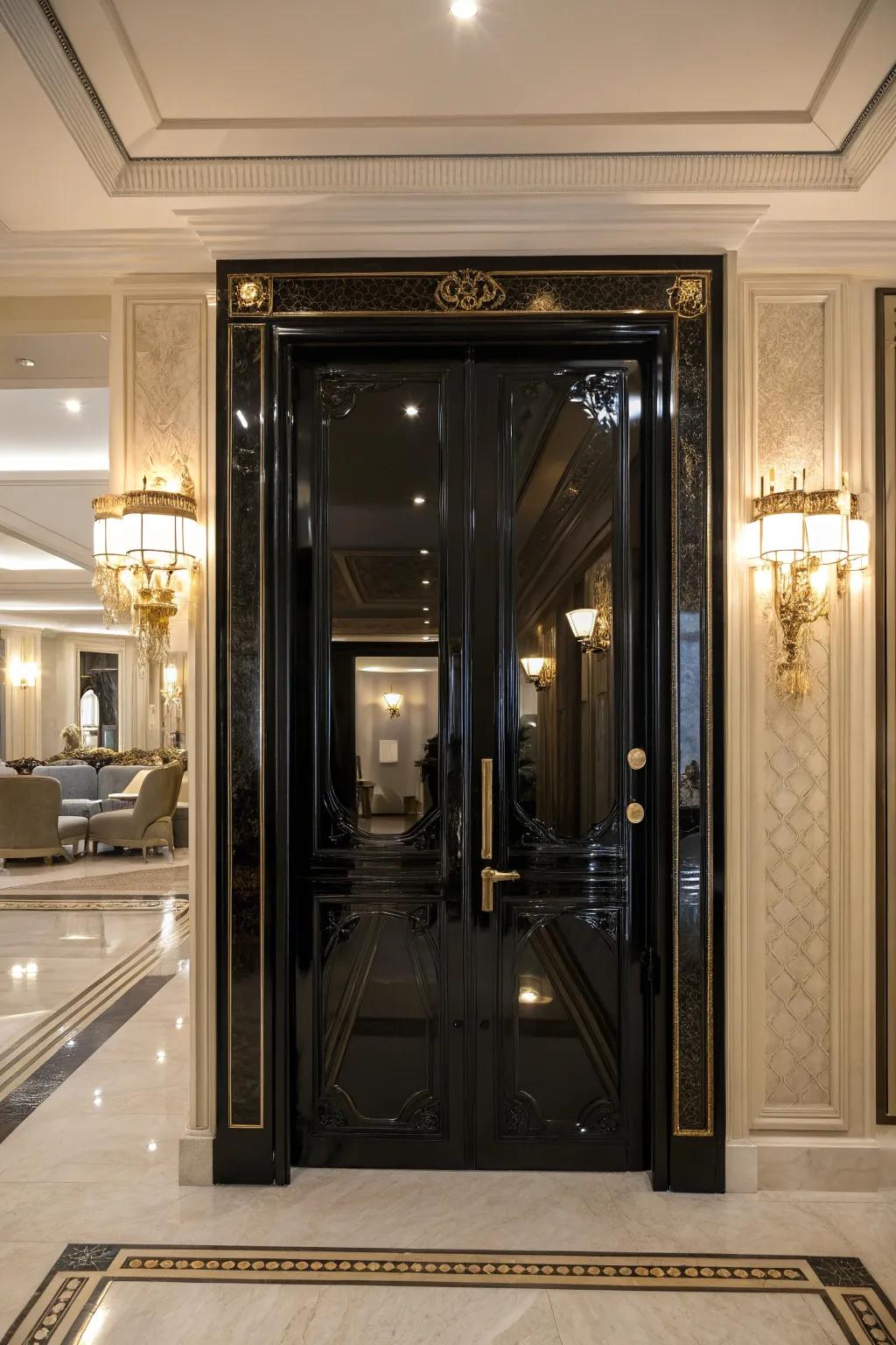 A glossy finish on a black door adding a glamorous touch.