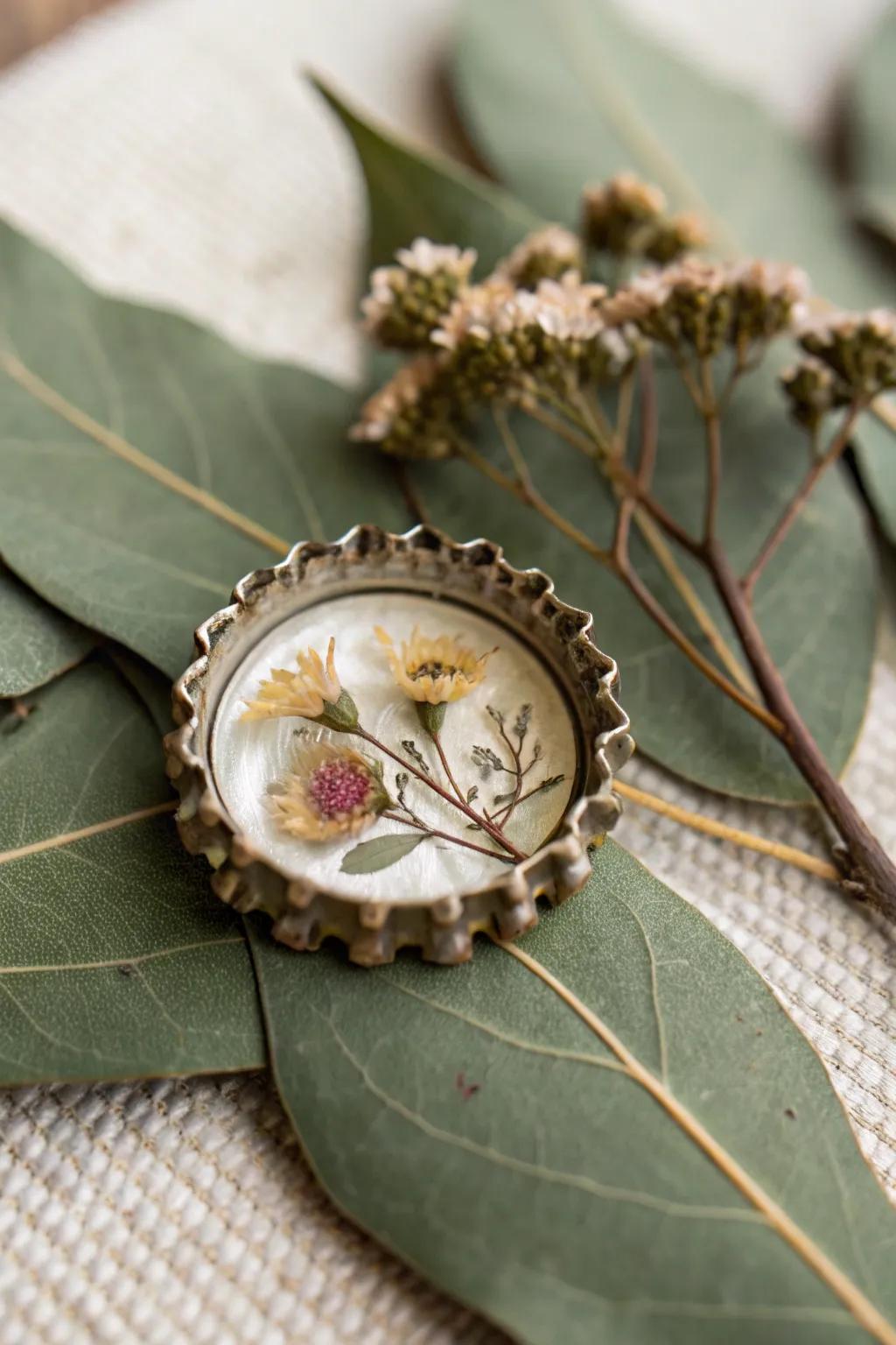 Sustainable nature bottle cap pins bring the outdoors to your wardrobe.