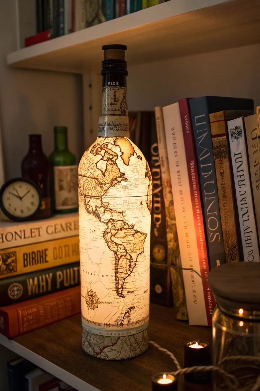 A vintage map-wrapped bottle lamp with nostalgic charm.