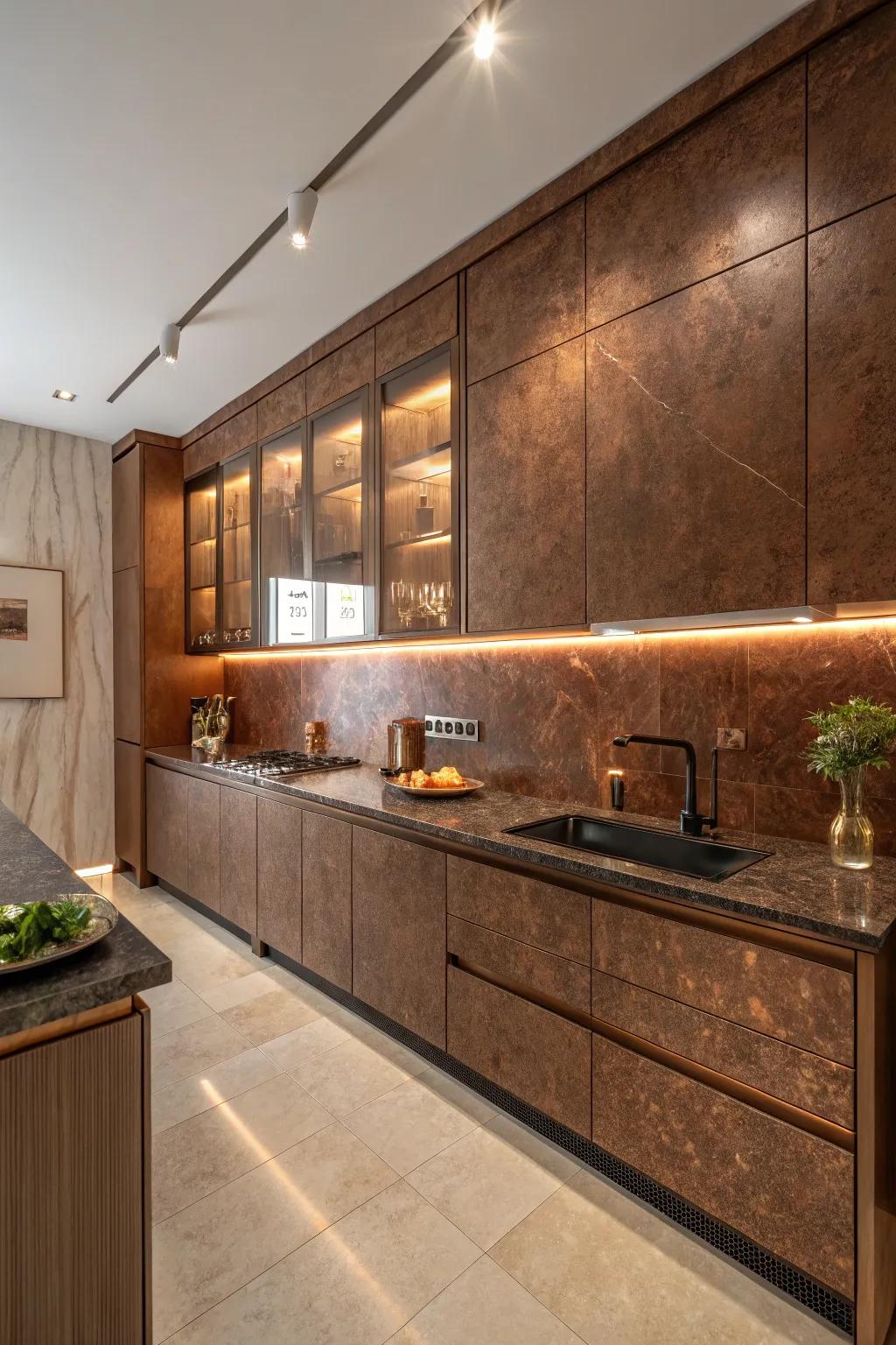 Copper-colored walls add warmth and elegance to kitchens with brown granite.