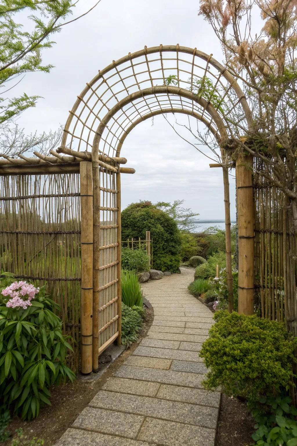 A wire and bamboo fusion gate brings a serene, Zen-like atmosphere to your garden.