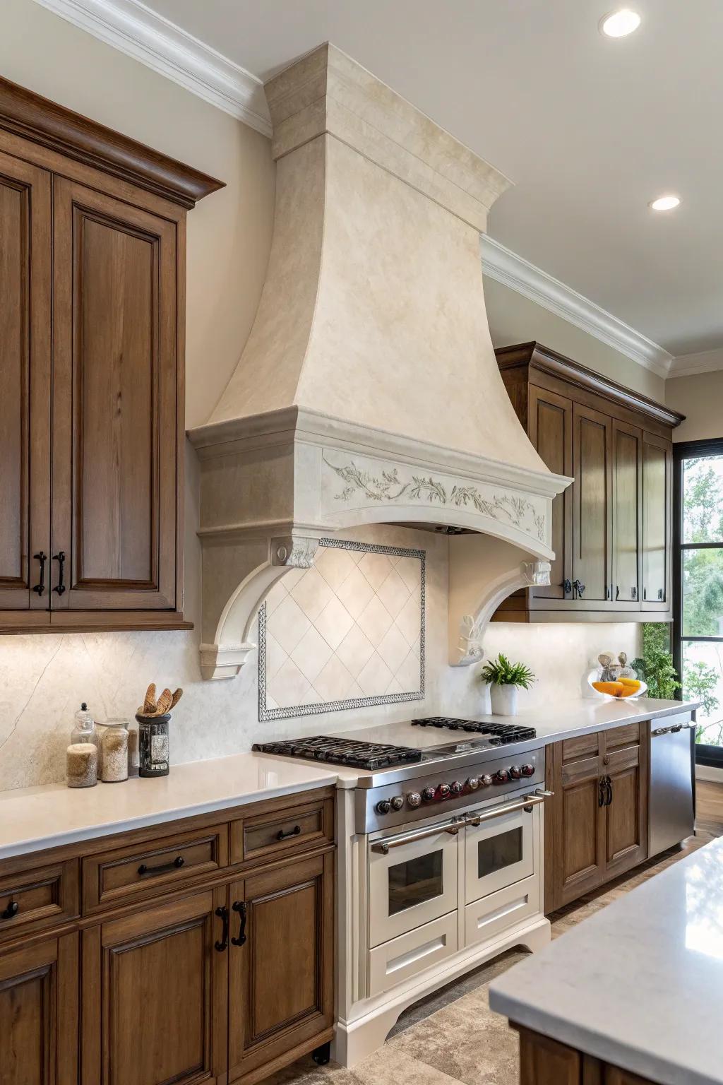 A kitchen featuring a custom plaster range hood that blends with the walls.