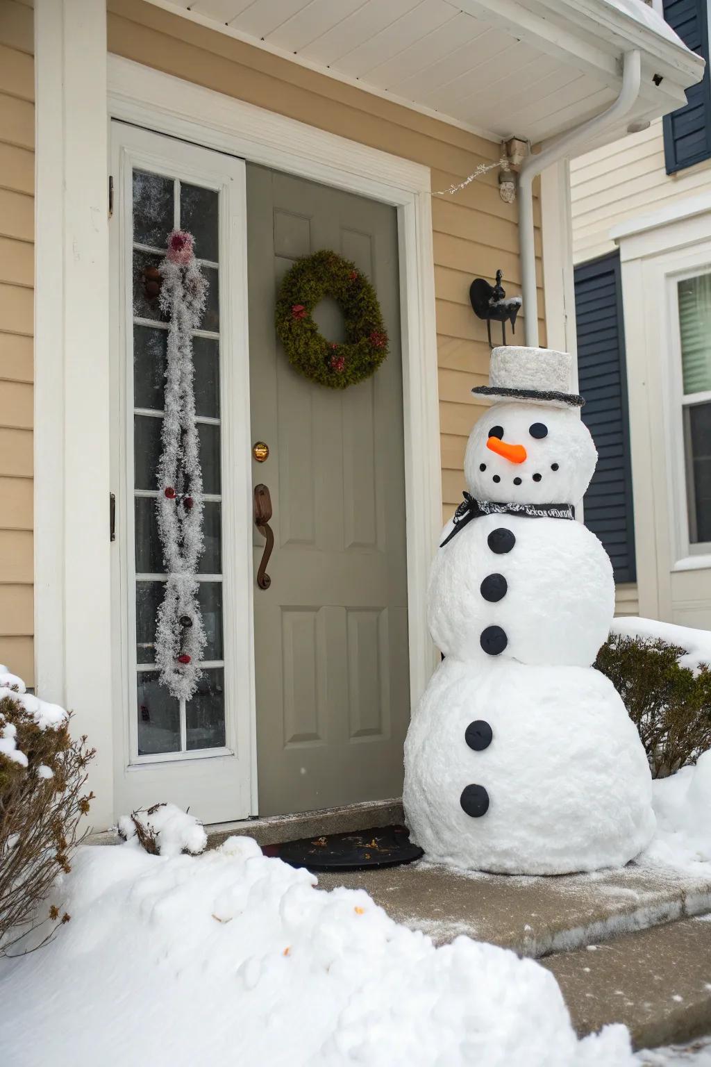 A whimsical snowman door decoration.