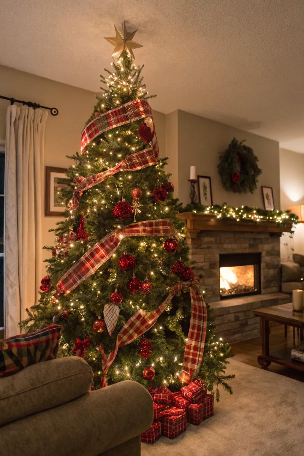 A nostalgic Christmas tree adorned with bold plaid ribbons, creating a warm and traditional holiday atmosphere.