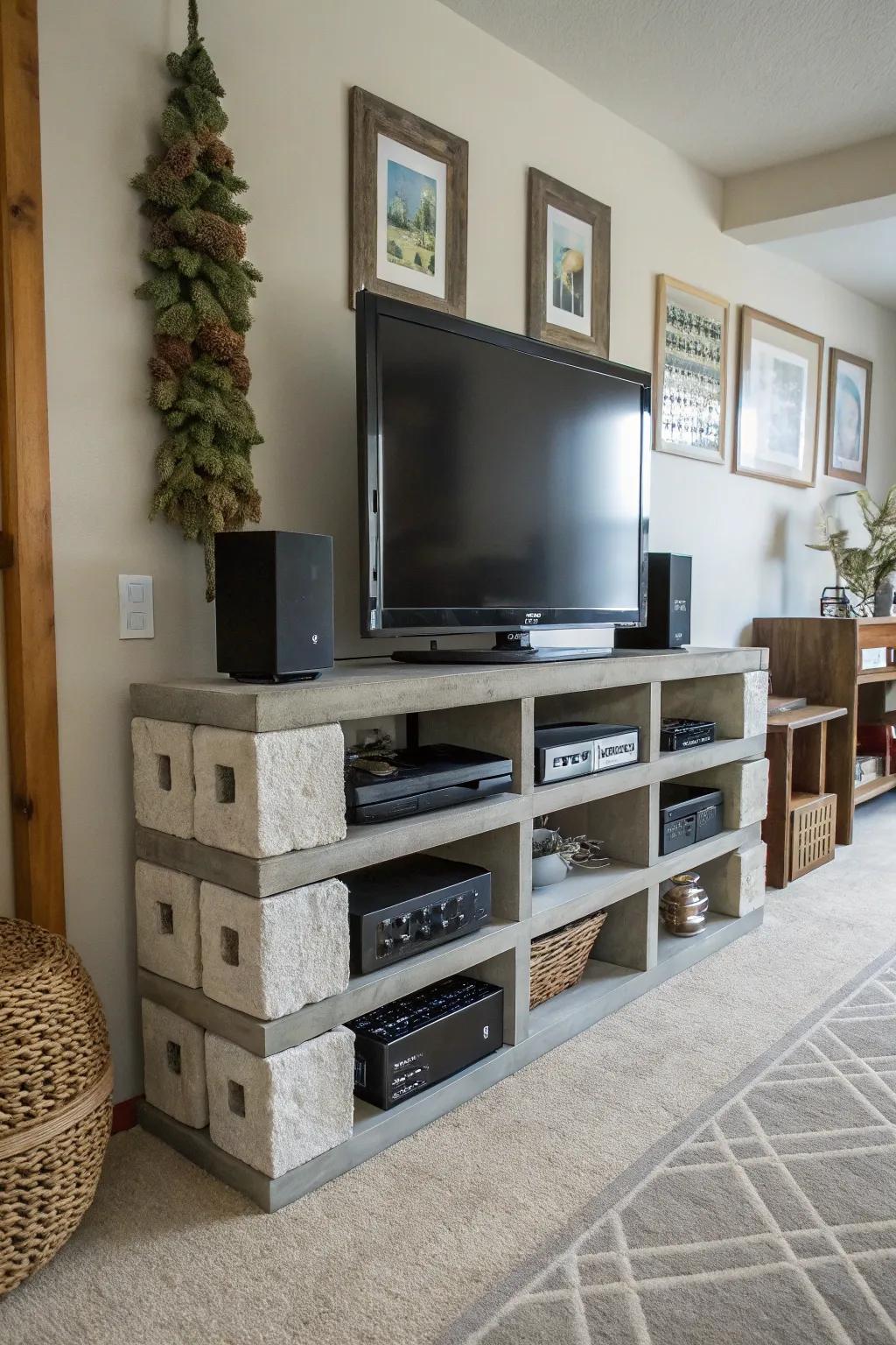 Combine style and function with a cinder block TV stand.