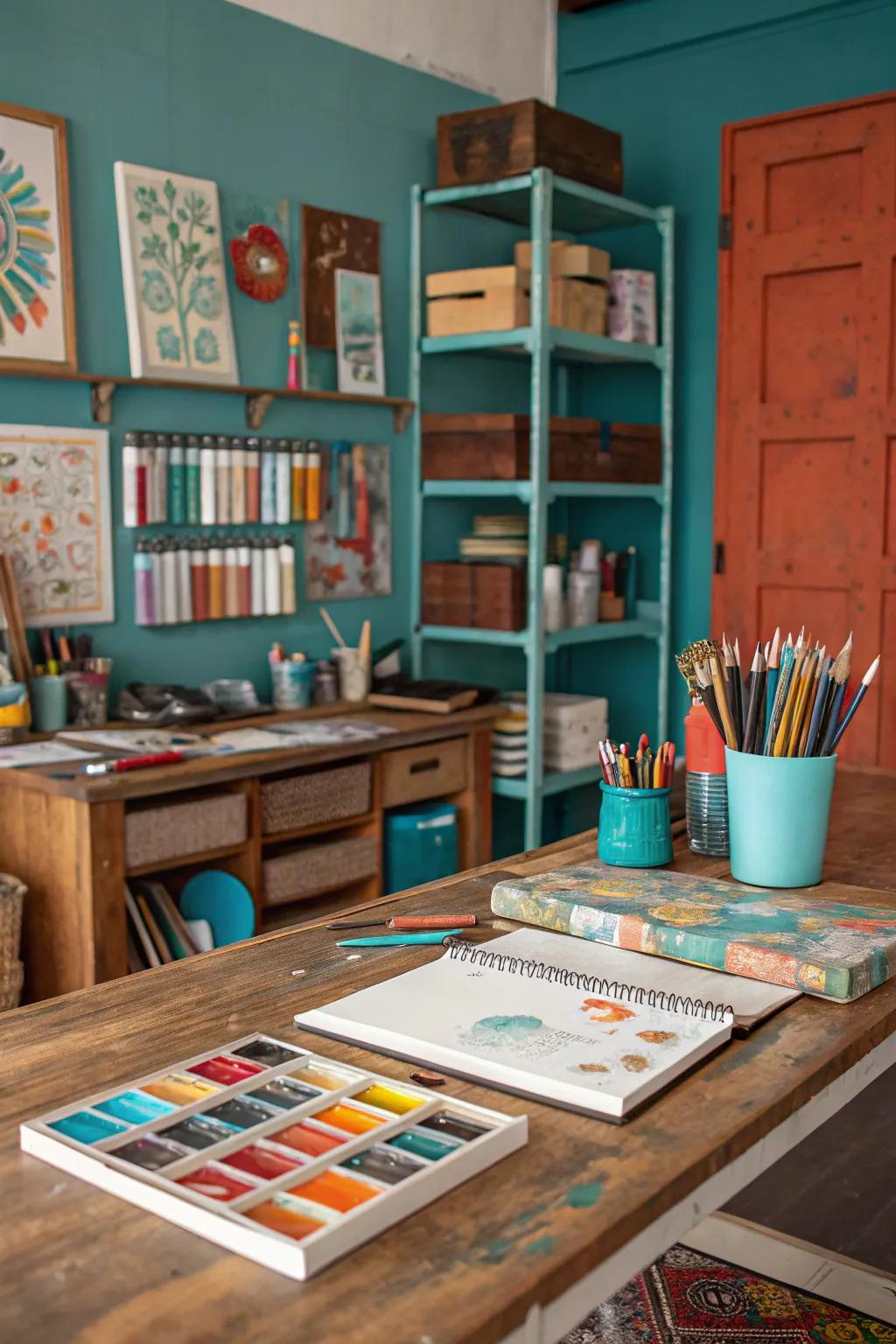 A vibrant studio with rust and teal accents.