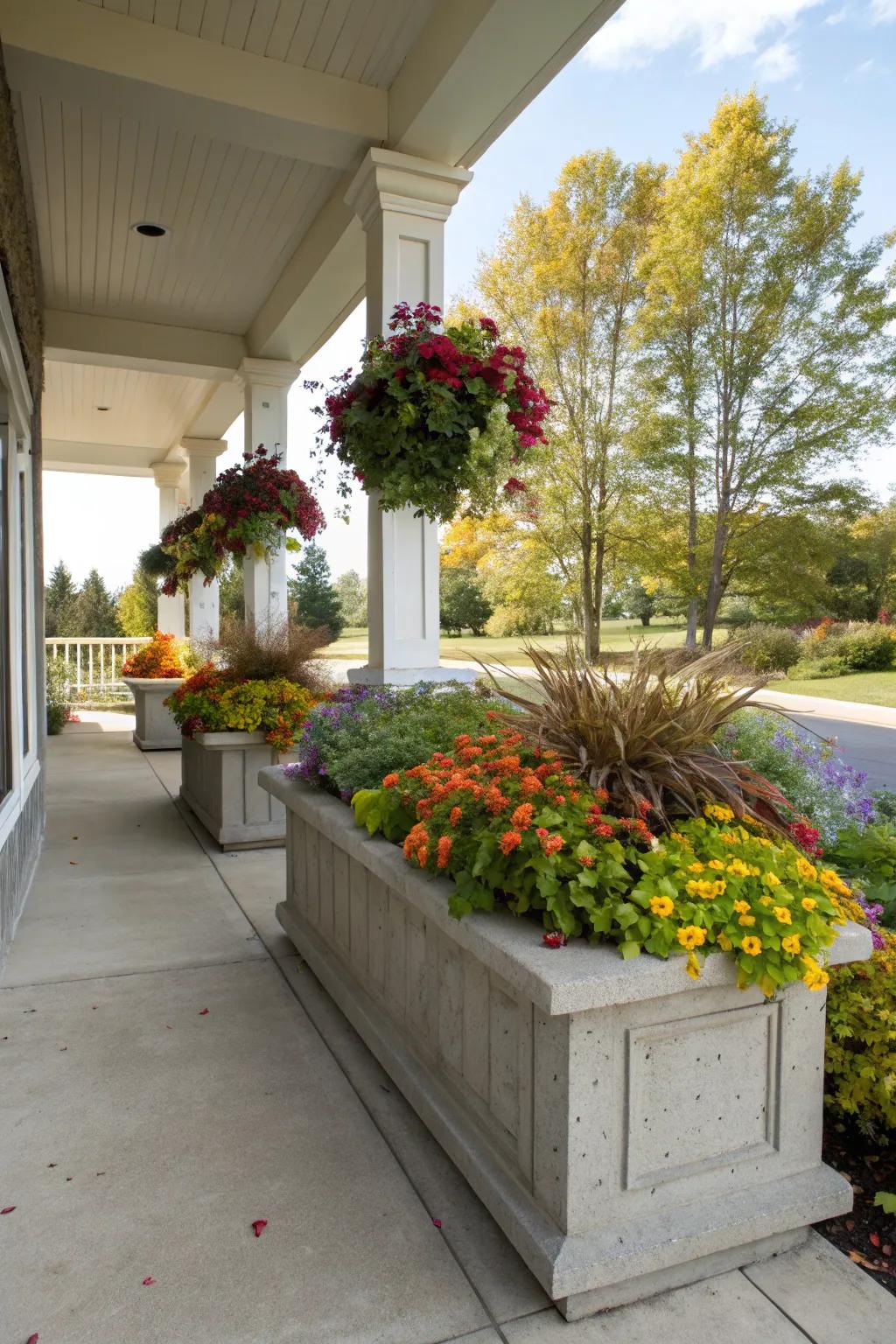 Built-in planters add natural beauty to a concrete porch.