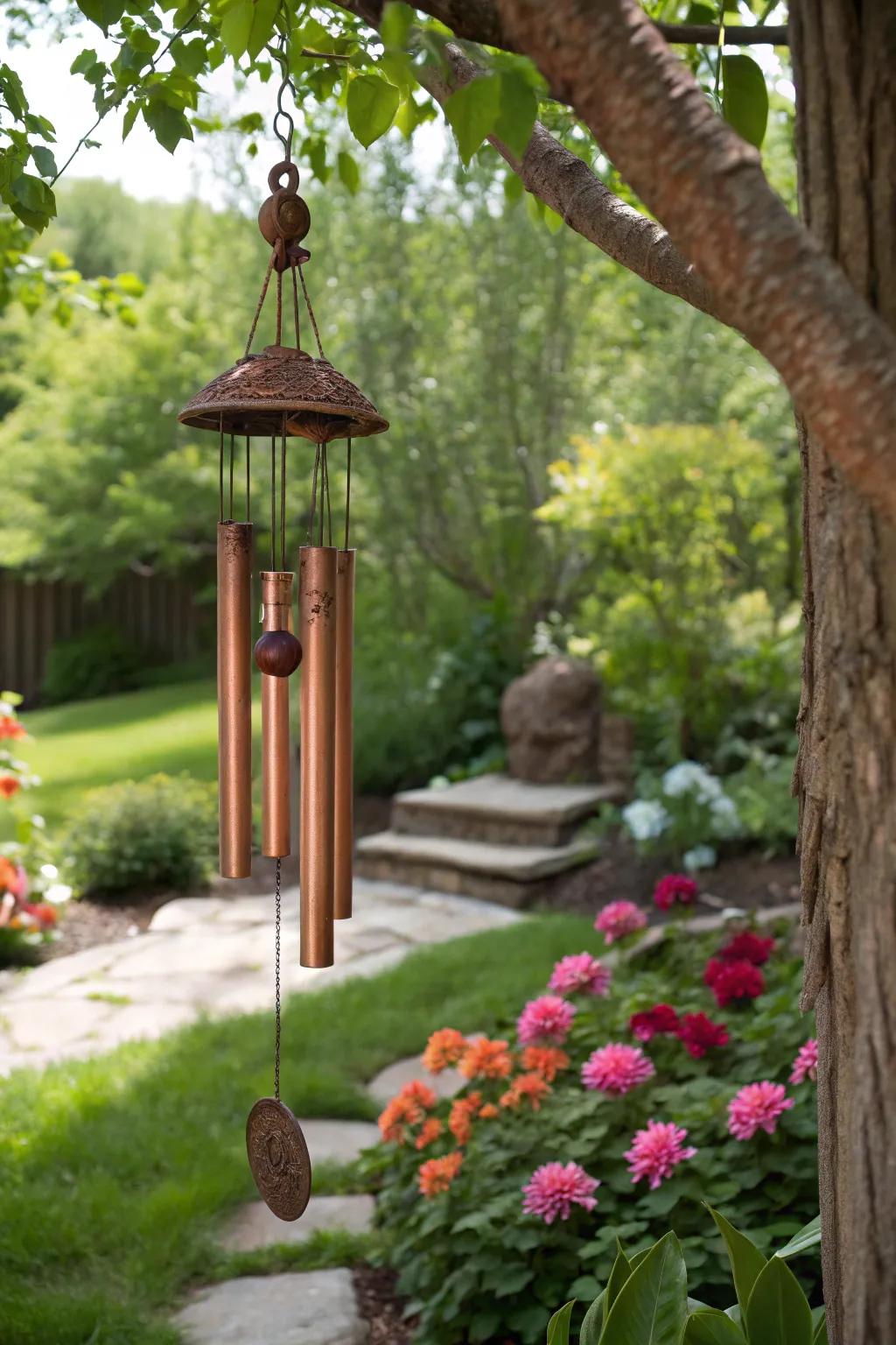 Enhance your outdoor space with soothing copper wind chimes.